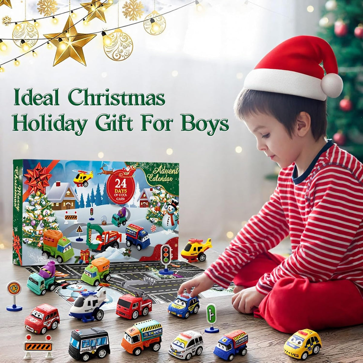 Advent Calendar 2025 Kids Boys, 24 Days Christmas Countdown with Pull-Back Cars Traffic Sign Sets, Christmas Advent Calendar Vehicles Holiday Gifts Kids Boys Girls Toddlers