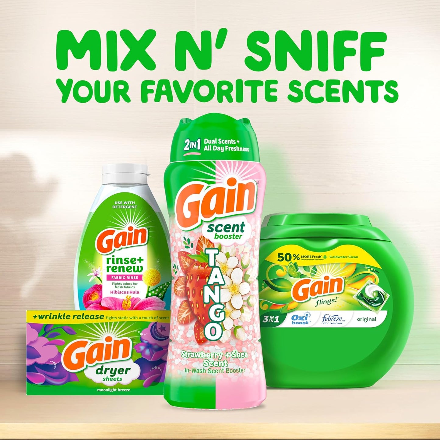 Gain Tango 2-in-1 Laundry Scent Booster Beads, Strawberry and Shea Scent, 21.1 oz, Laundry Beads with Dual Scents Plus All Day Freshness