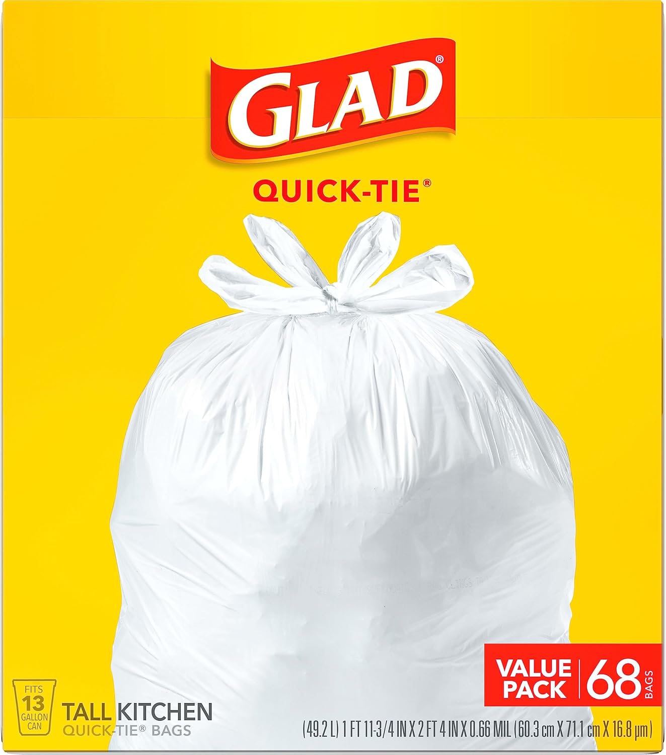 Glad Tall Kitchen Trash Bags 13 Gallon, Unscented Garbage Bags, Quick-Tie, 68 Count
