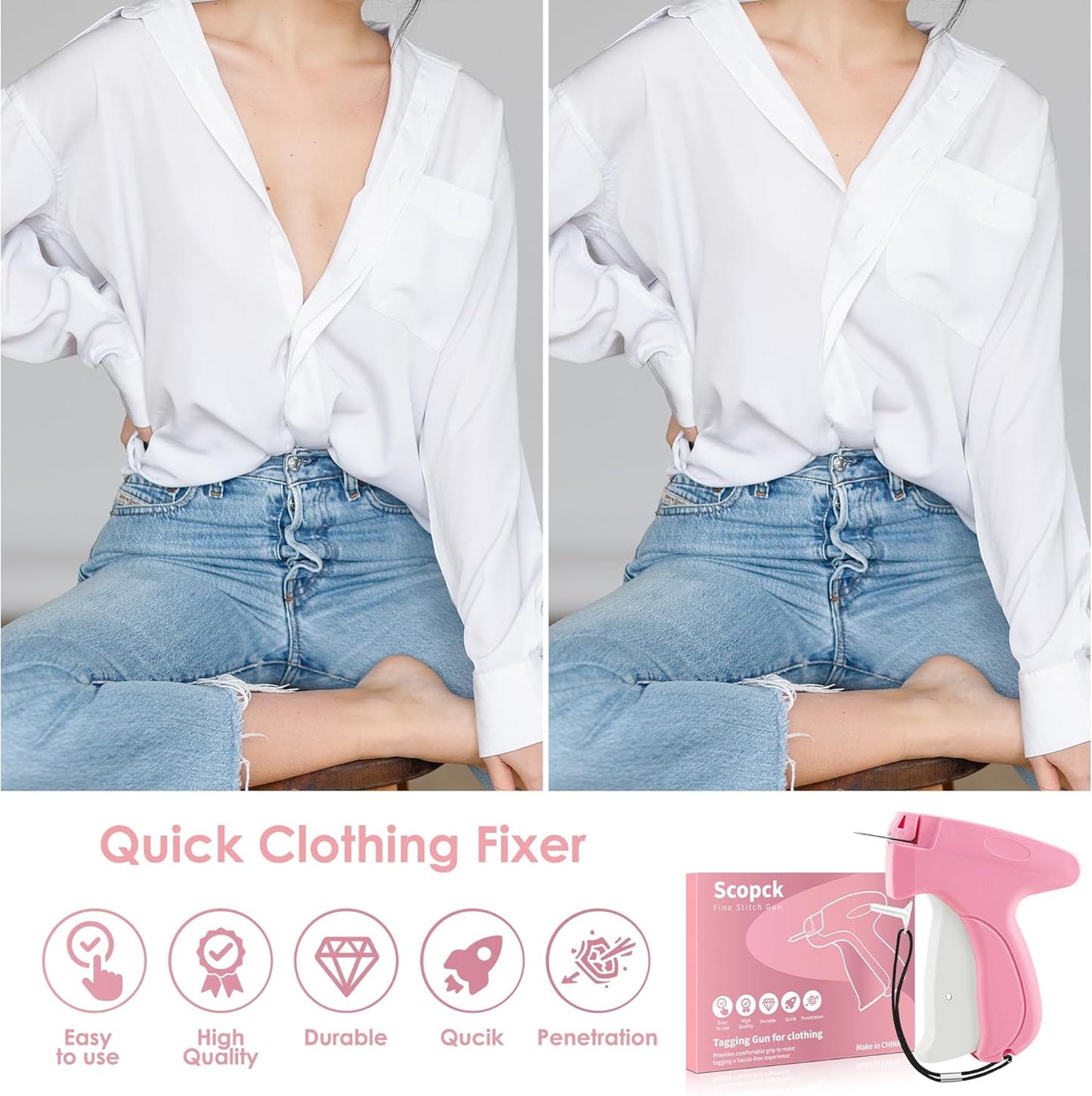 Handheld Stitch Tag Gun for Clothes, Quick Clothing Fixer, Tagging, Sewing Kit Includes 6 Needle, 1000 Black Fasteners & 1000 White Fasteners, Pink