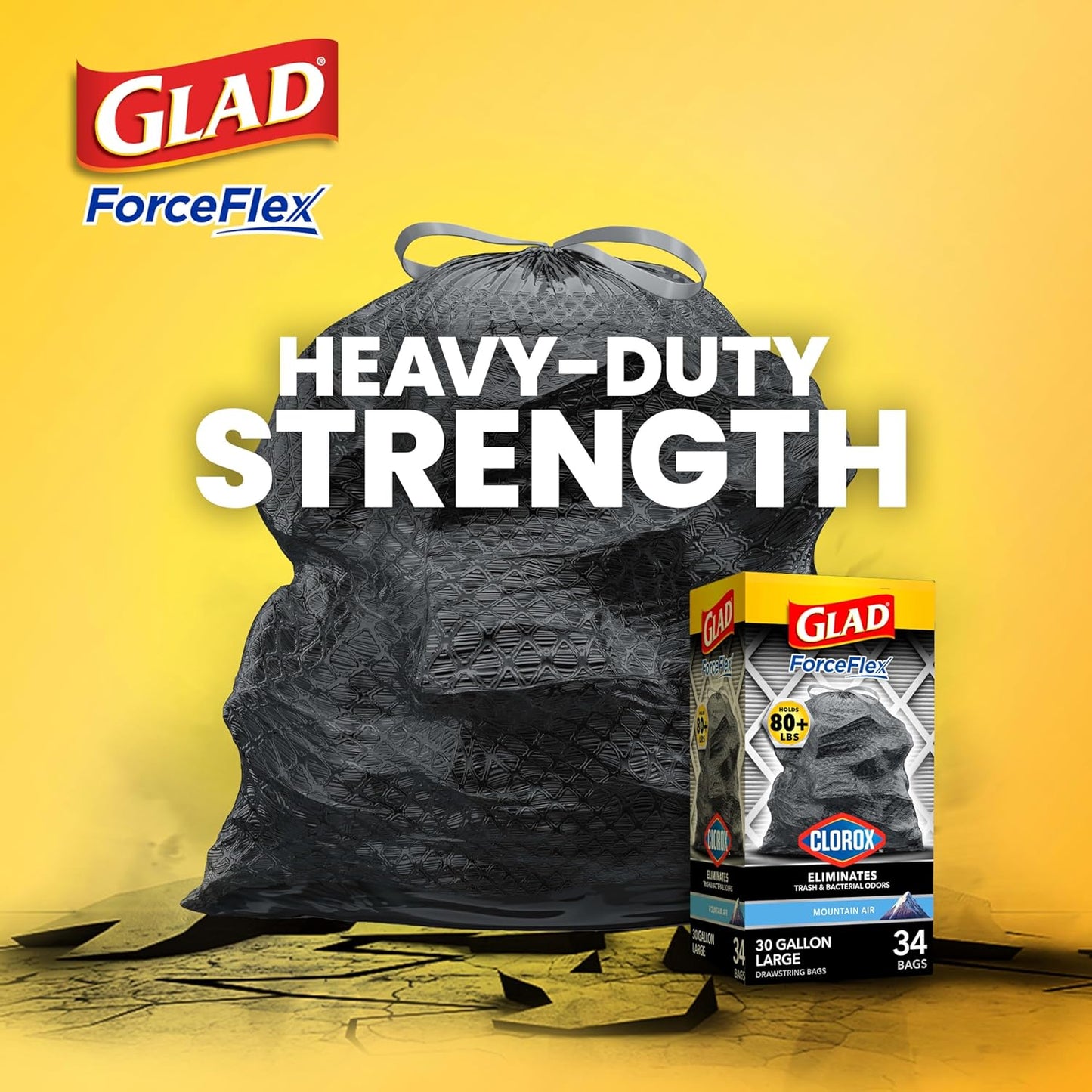 Glad ForceFlex Heavy Duty Trash Bags With Clorox, Mountain Air, 30 Gal, 50 Ct (Package May Vary)