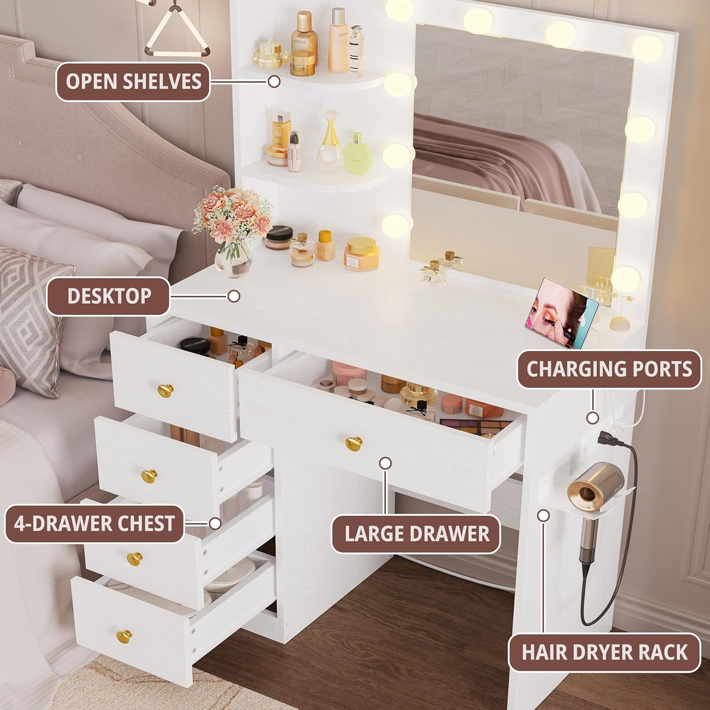 IRONCK Vanity Desk with Mirror and Lights, Small Makeup Vanity Table with 5 Drawers, Power Outlet, and Vanity Stool, 3 Lighting Colors, Dressing Table for Women Girls Bedroom, White