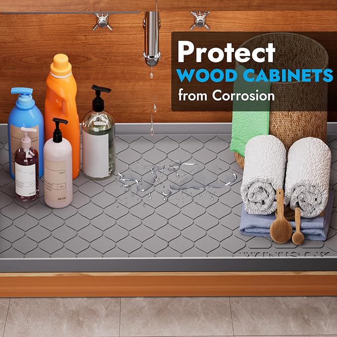 Silicone Under Sink Mat 34" x 22", Kitchen Essentials and Gadgets, Shelf Liner and Cabinet Protector, Home Organizers and Storage, Waterproof Bathroom Tray