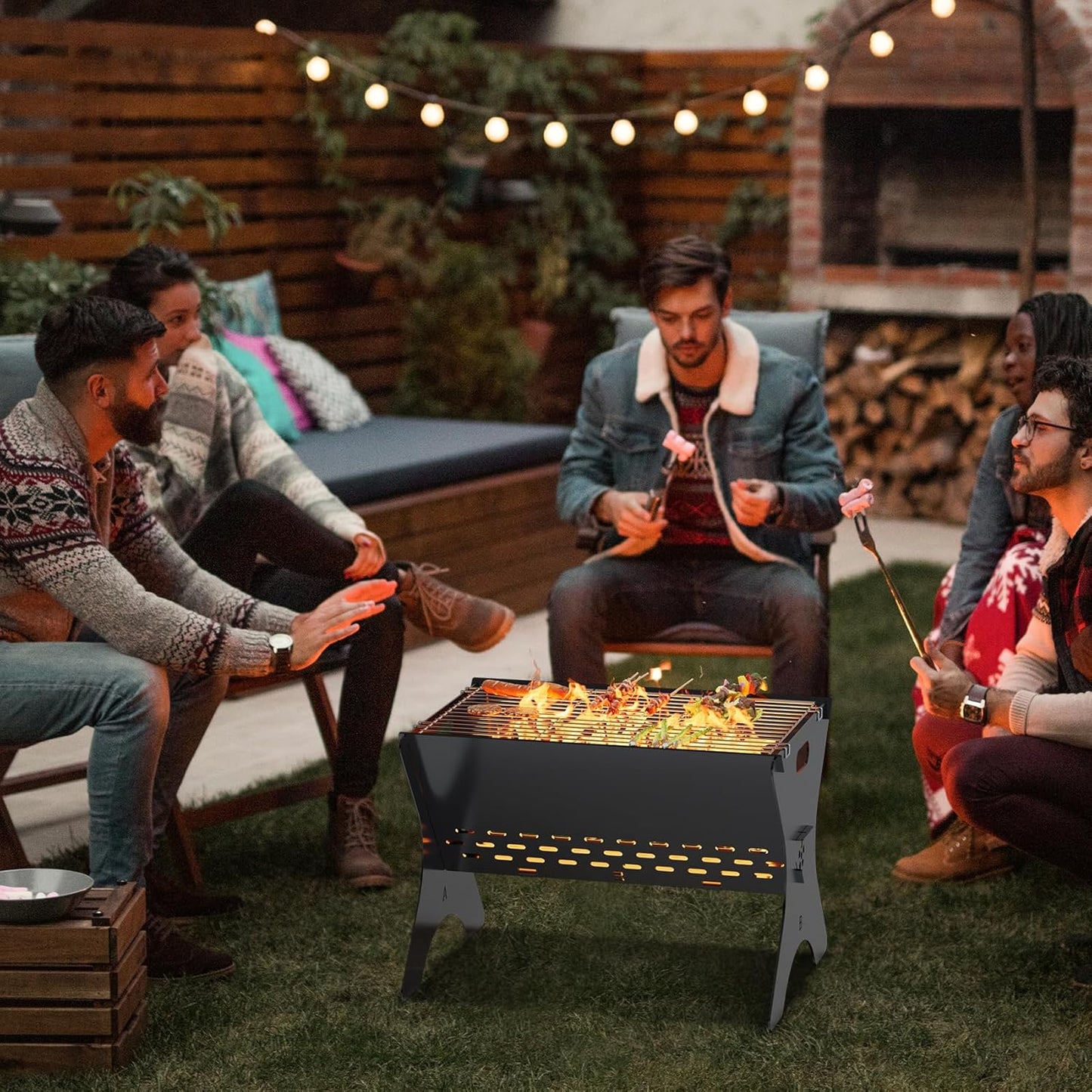 Camping Campfire Grill, 16"Lx12"D Portable Folding Charcoal Grills, Backpacking BBQ Grill with Carry Bag, Outdoor Fire pit for Camping, Picnic, Bonfire, Patio, Backyard