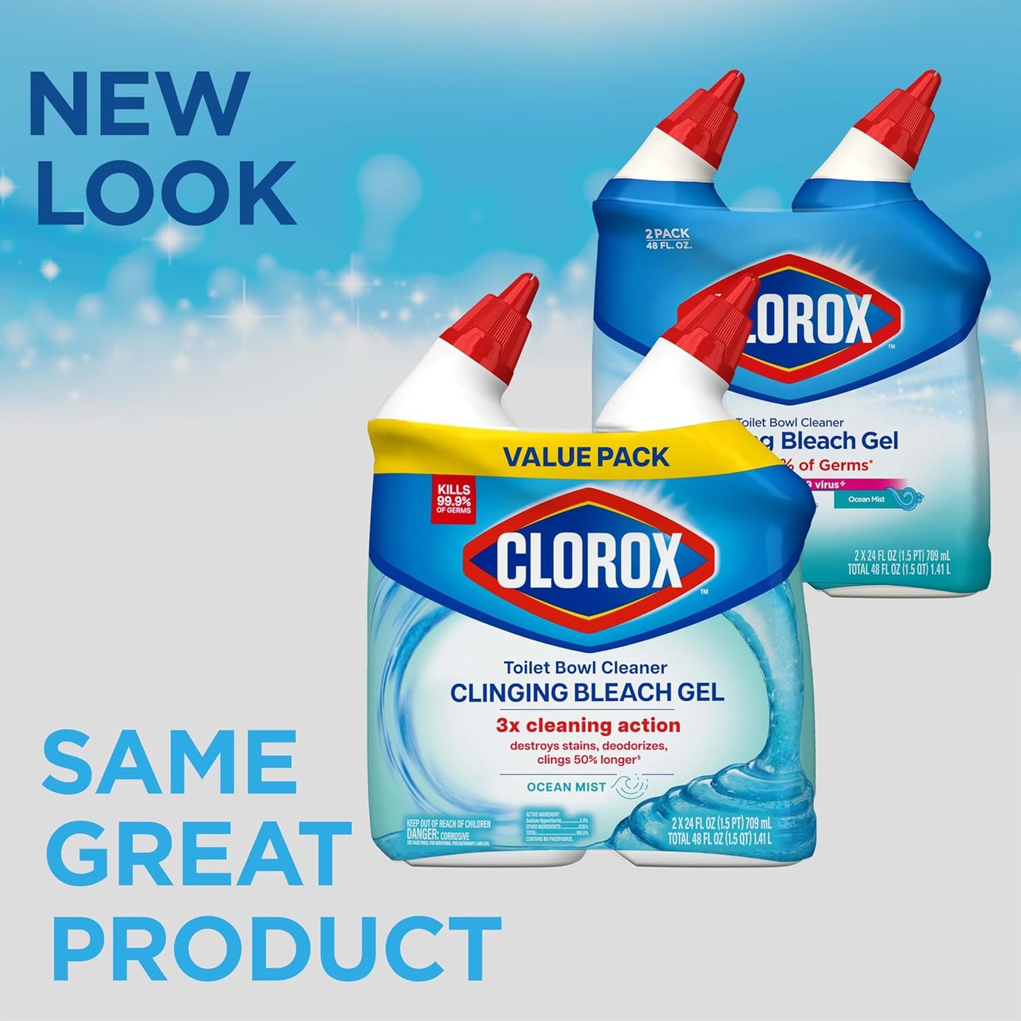 Clorox Toilet Bowl Cleaner, Clinging Bleach Gel, Ocean Mist - 24 Ounces, Pack of 2