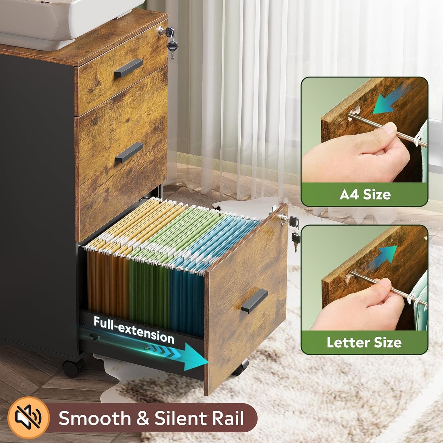 DEVAISE 3 Drawer Rolling File Cabinet with Lock, Wood Filing Cabinet fits Letter / A4 Size for Home Office, Rustic Brown