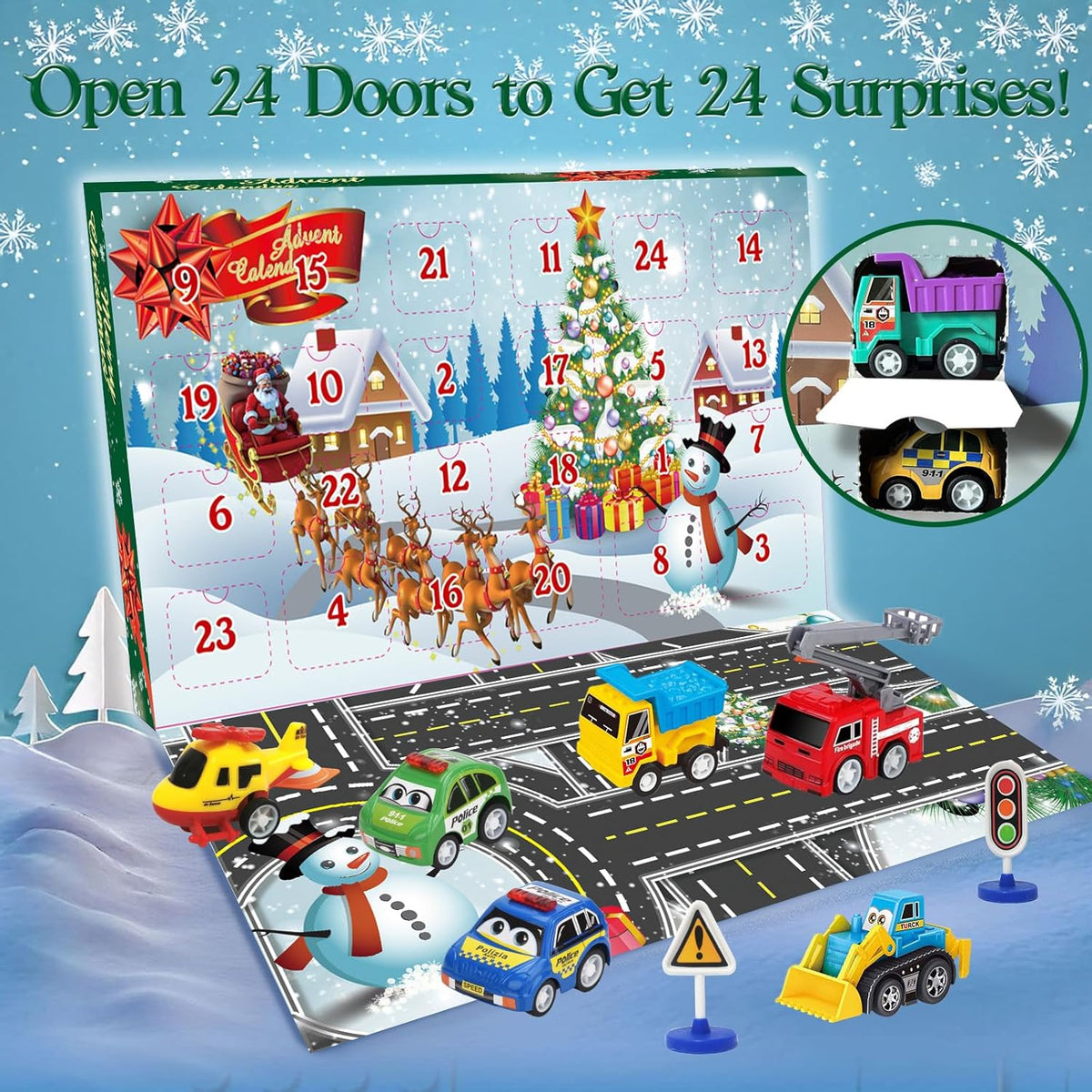 Advent Calendar 2025 Kids Boys, 24 Days Christmas Countdown with Pull-Back Cars Traffic Sign Sets, Christmas Advent Calendar Vehicles Holiday Gifts Kids Boys Girls Toddlers