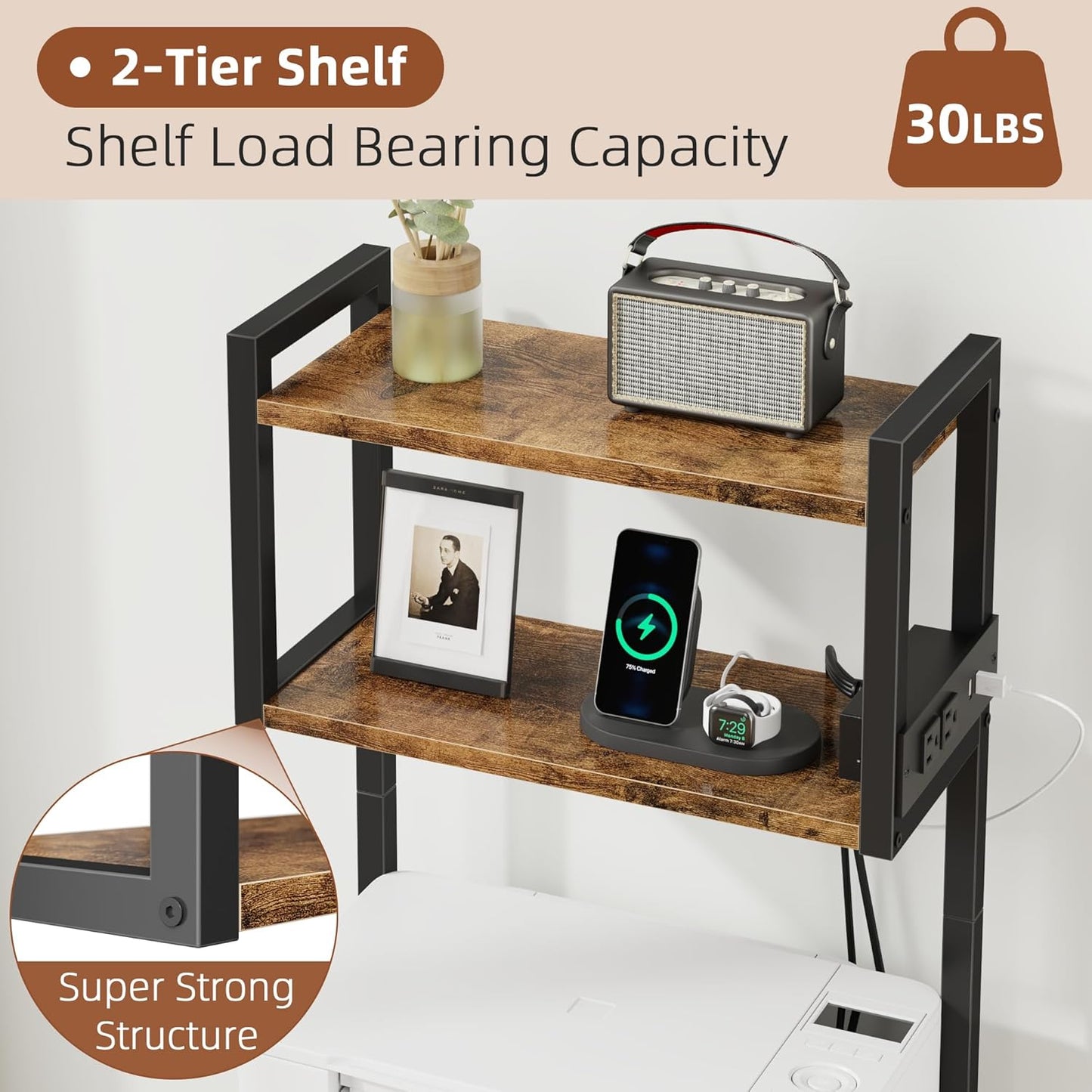 Small 3 Drawer File Cabinet with Charging Station, 45''H, 3-Tier Filing Cabinet for Home Office, 11''*16'' for Small Printer, Fabric Drawer Fits Letter/A4, Tall Printer Stand, Rustic Brown