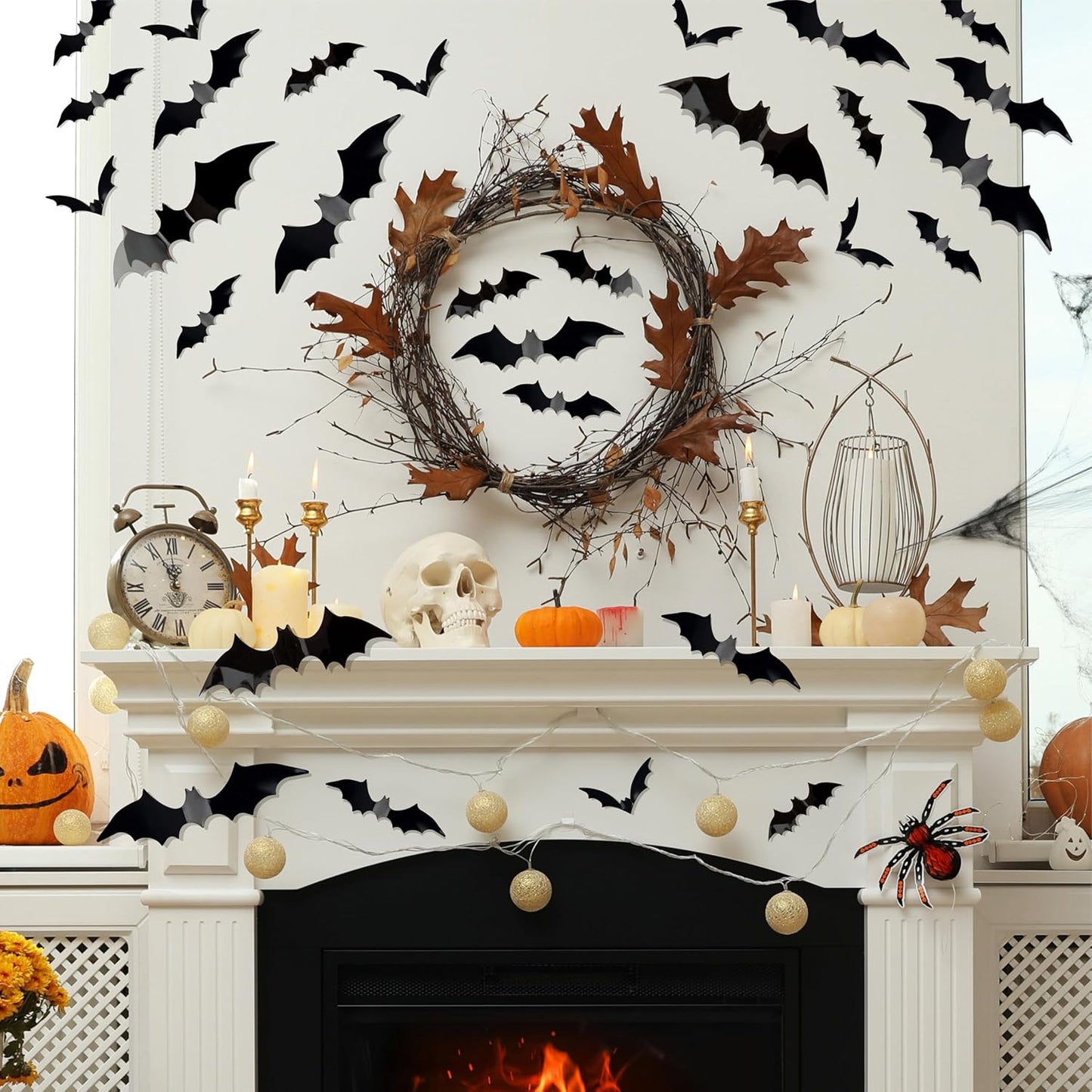 Bobobag 120 Pcs 3D Bats Halloween Decorations,Halloween Wall Decor 4 Sizes Black Bats Sticker for Wall Window
