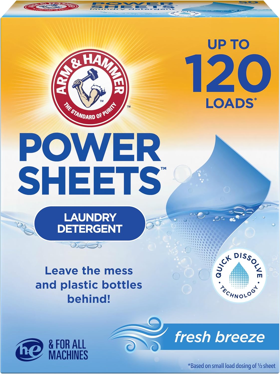 ARM & HAMMER Power Sheets Laundry Detergent, Fresh Breeze Scent, Dissolves in All Wash Temps, Lightweight and Travel-Ready, 60ct, Up to 120 Small Loads