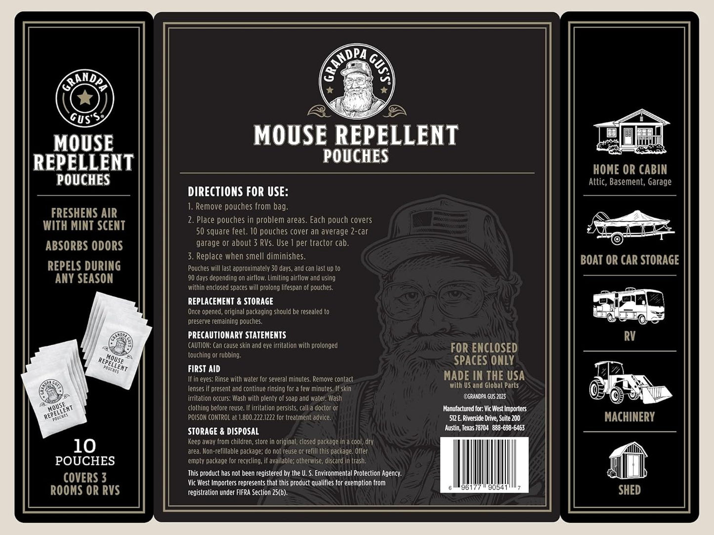 Grandpa Gus’s Extra-Strength Mouse Repellent Pouches, Peppermint & Cinnamon Oil, Natural Rodent Deterrent Control for Garage, RV, Car, Basement, Attic, Storage, 1.75 Oz (Pack of 10)