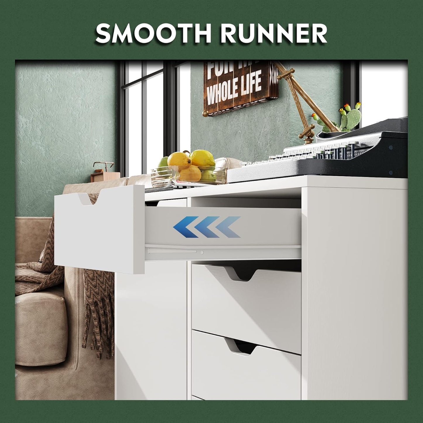 DEVAISE 5-Drawer Wood Drawer Cabinet, Office Storage Cabinet with Adjustable Shelf & Wheels, Printer Stand for Home Office, White