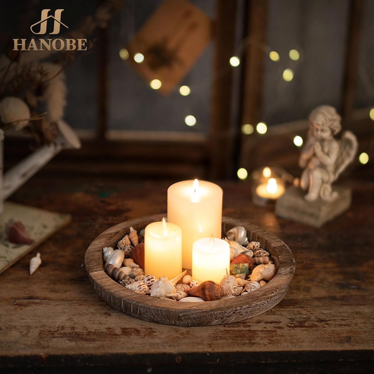 Hanobe Candle Plate Holder Tray: Round Wooden Decorative Candle Plate Small Farmhouse Table Centerpiece Rustic Wood Tealight Pillar Trays for Christmas Wedding Halloween Home Decor