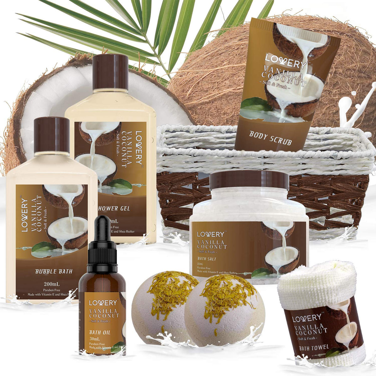 Gifts For Women Gift Basket for Women– 9 Piece Set of Vanilla Coconut Home Spa Set, Luxurious Valentines Day Gifts for Her, Bath and Body Sets Includes Fragrant Lotions, Large Bath Bombs, Coconut Oil