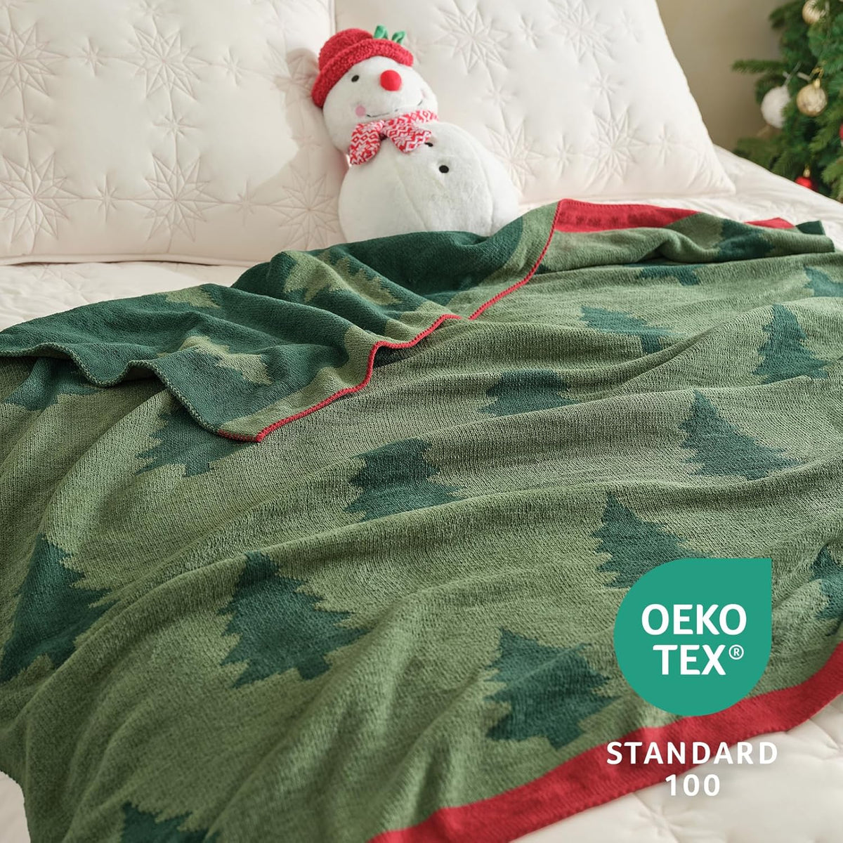 Amélie Home Christmas Throw Blanket for Couch, Reversible Pattern Christmas Tree Themed, Chenille Knit Xams Soft Cozy for Bed Home Decor Gift for Family, 50" x 60", Christmas Tree