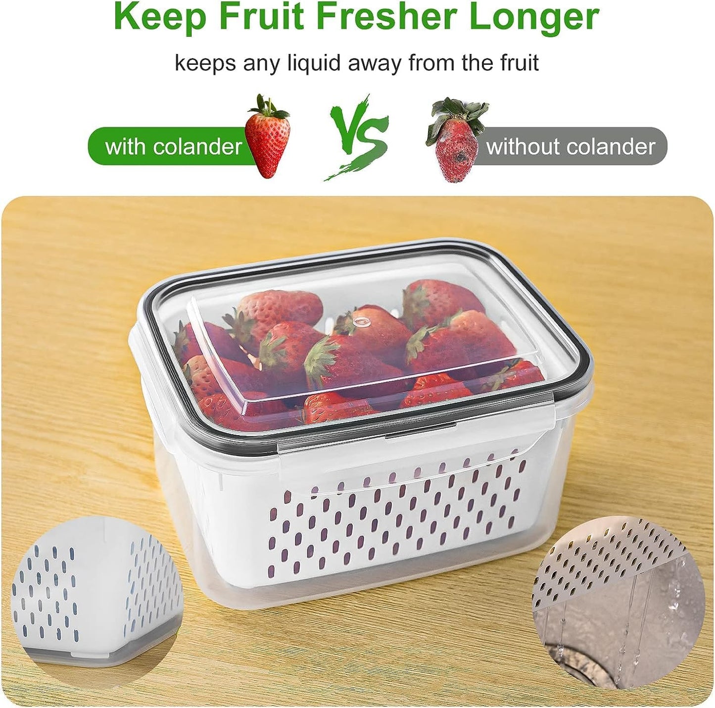 Freshmage Fruit Storage Containers for Fridge with Removable Colander, Airtight Food Storage Container, Dishwasher Safe Produce Saver Container for Refrigerator, Keep Berry Fruit Fresh 4 pcs Small