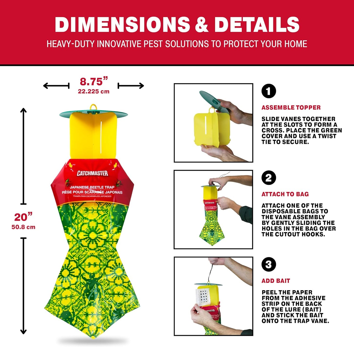 Catchmaster Japanese Beetle Traps Outdoor 3PK, Flying Insect Trap Bag with Lid & Dual Pheromone Food Lure, Hanging Bug Catcher Pest Control for Backyard & Garden, Plants, Trees, Vegetables & Flowers