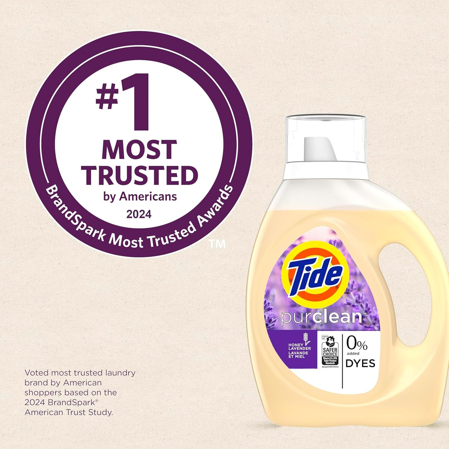 Tide Purclean Liquid Laundry Detergent, Honey Lavender Scent, 63 fl oz, 48 Loads