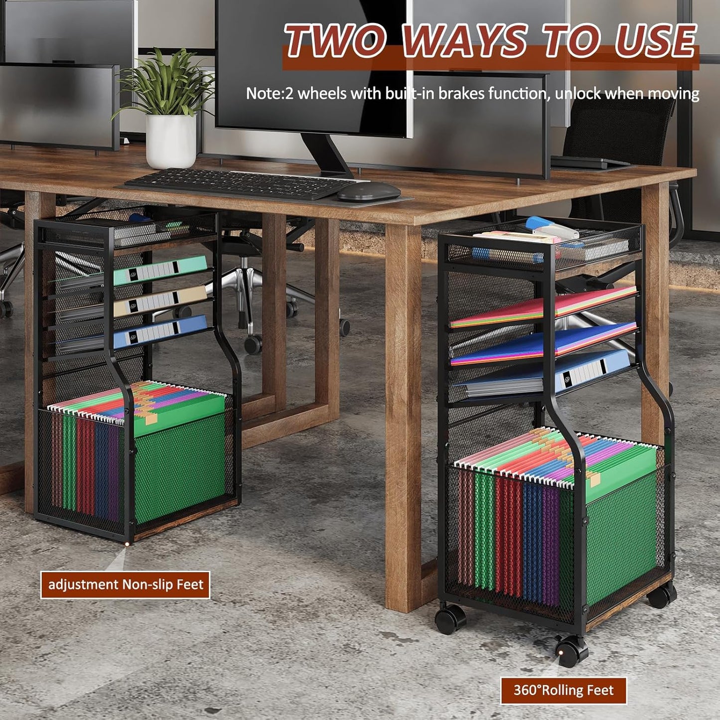 5-Tier Rolling File Cart with Hanging File Folders, Mobile Desk File Organizer on Lockable Wheels, Wood & Mesh Paper Letter Sliding Trays Organization for Office, Home, School, Patent