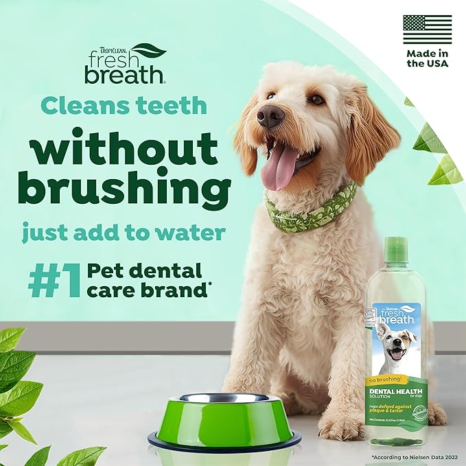 TropiClean Fresh Breath Water Additive for Dogs | Dog Breath Freshener & Teeth Cleaning Solution | No Toothpaste or Toothbrush Required | 33.8 oz