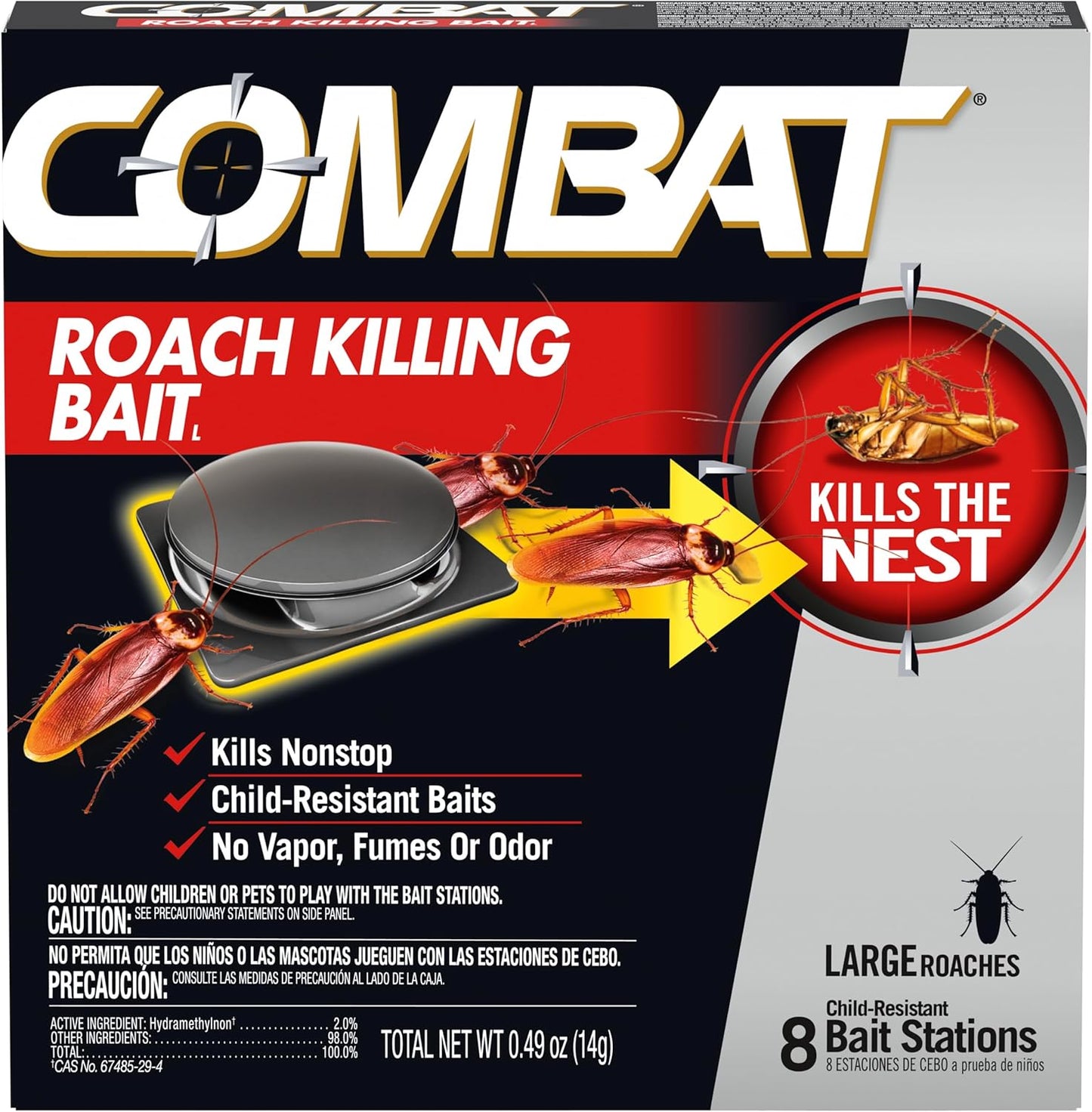 Combat Roach Killing Bait, Roach Bait Station For Large Roaches, Kills The Nest, Child-Resistant, 8 Count,Insects