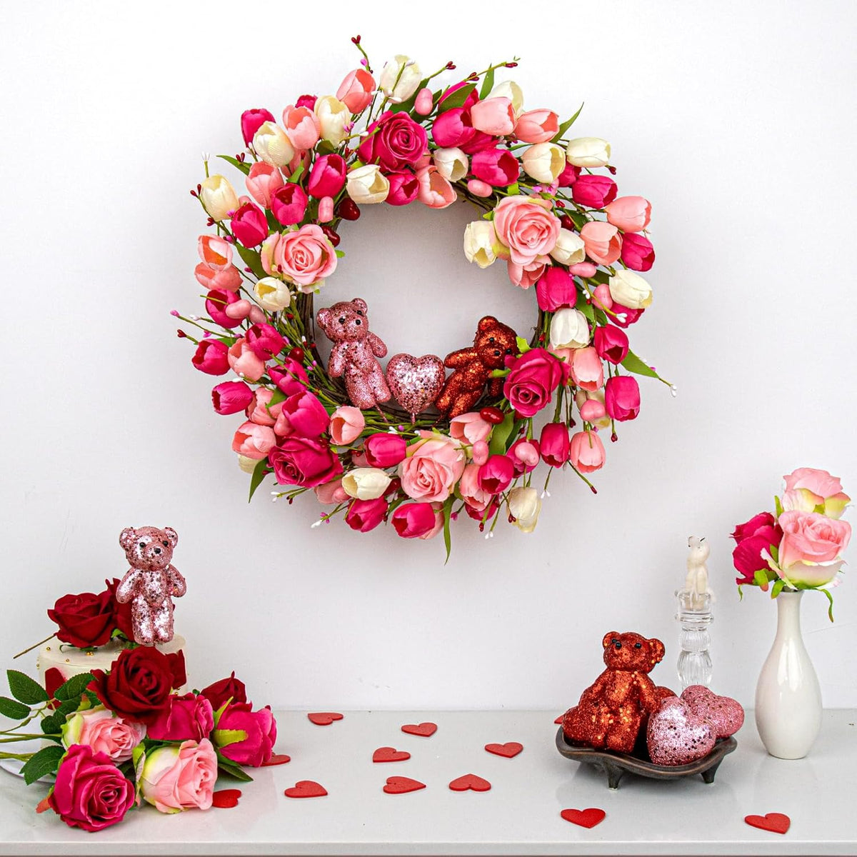 J'FLORU Valentines Day Decorations Romantic Valentines Day Gifts 22 Inch Valentine's Day Wreath with Lovely Bear Heart Roses Tulips for Valentine Party Anniversary Candlelight Dinner