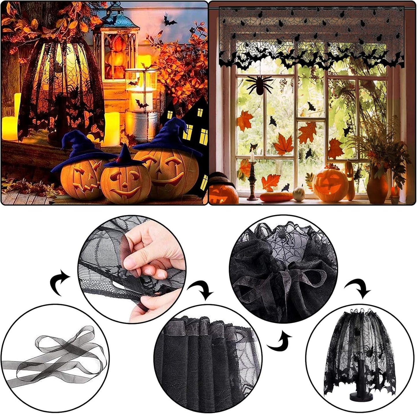 5Pack Halloween Decorations Indoor Halloween Spider Web Tablecloth Table Runners Fireplace Mantel Scarf Cobweb Lampshade Scary 3D Bats for Halloween Spooky Home Decor