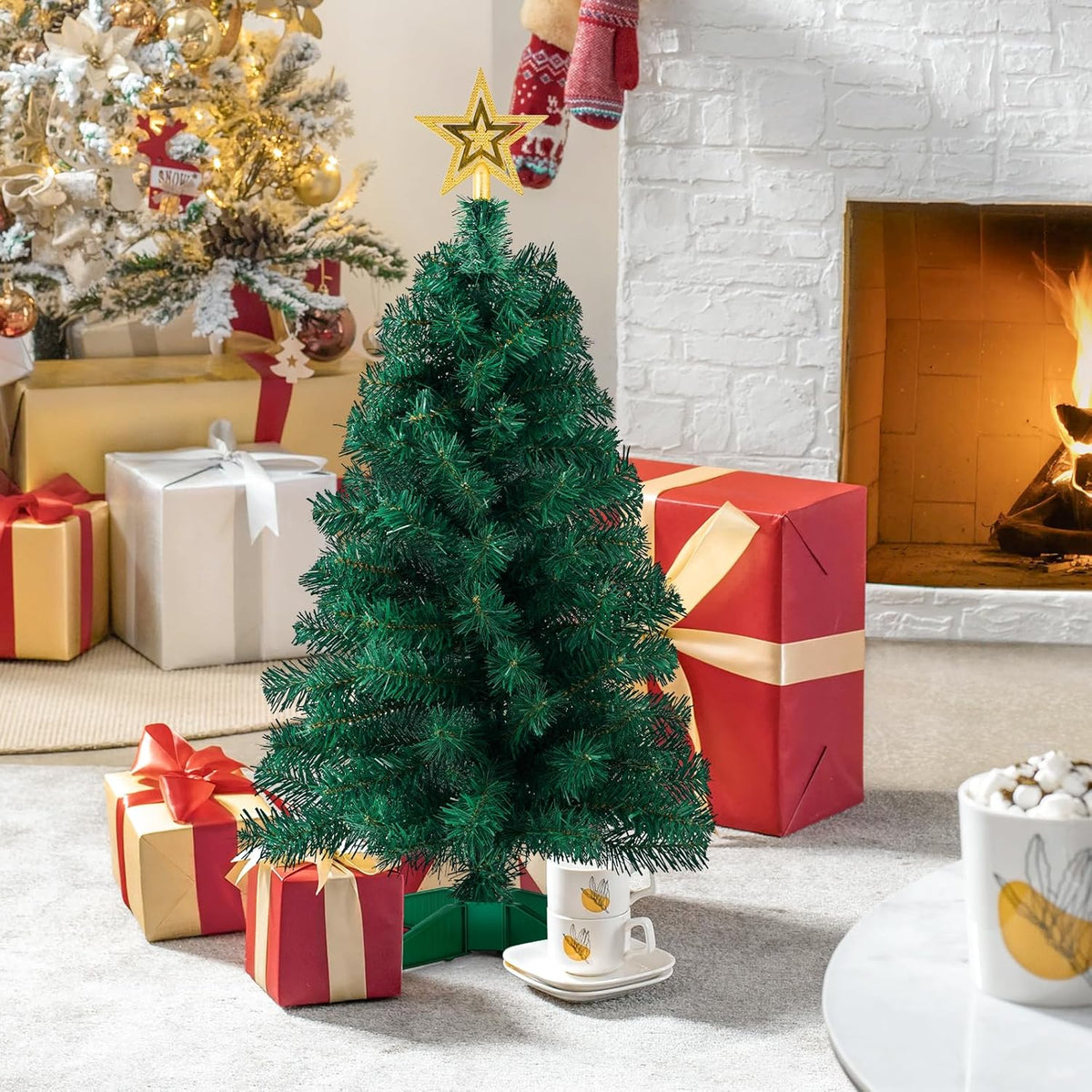 3ft Artificial Christmas Tree with Gold Tree Topper Star, Mini Xmas Pine Tree with 4-Leg Stable Plastic Base, Small Tabletop Christmas Decoration for Home Office Holiday Party Indoor Use