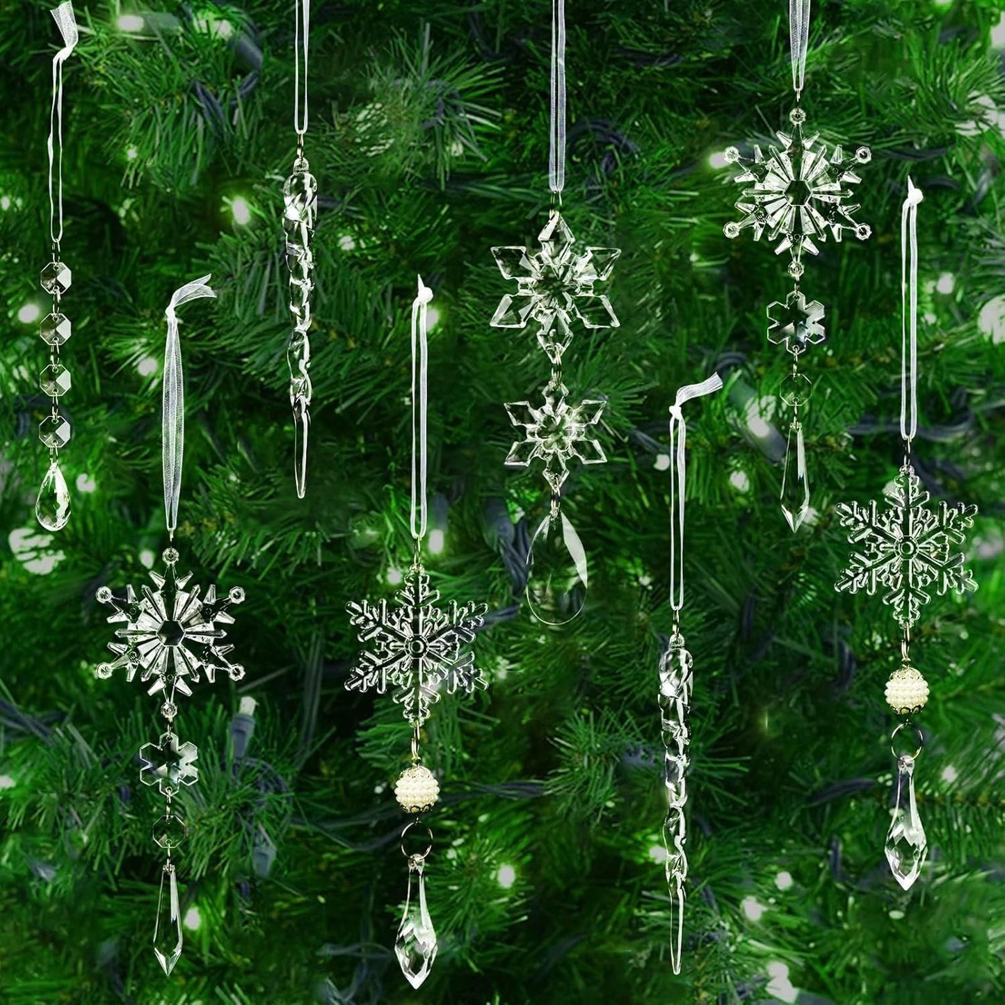 18PCS Crystal Christmas Ornaments – Clear Snowflake & Icicle Tree Decorations, Hanging Acrylic Ornaments for Xmas Tree, Winter Wedding, Holiday & New Year Party Décor