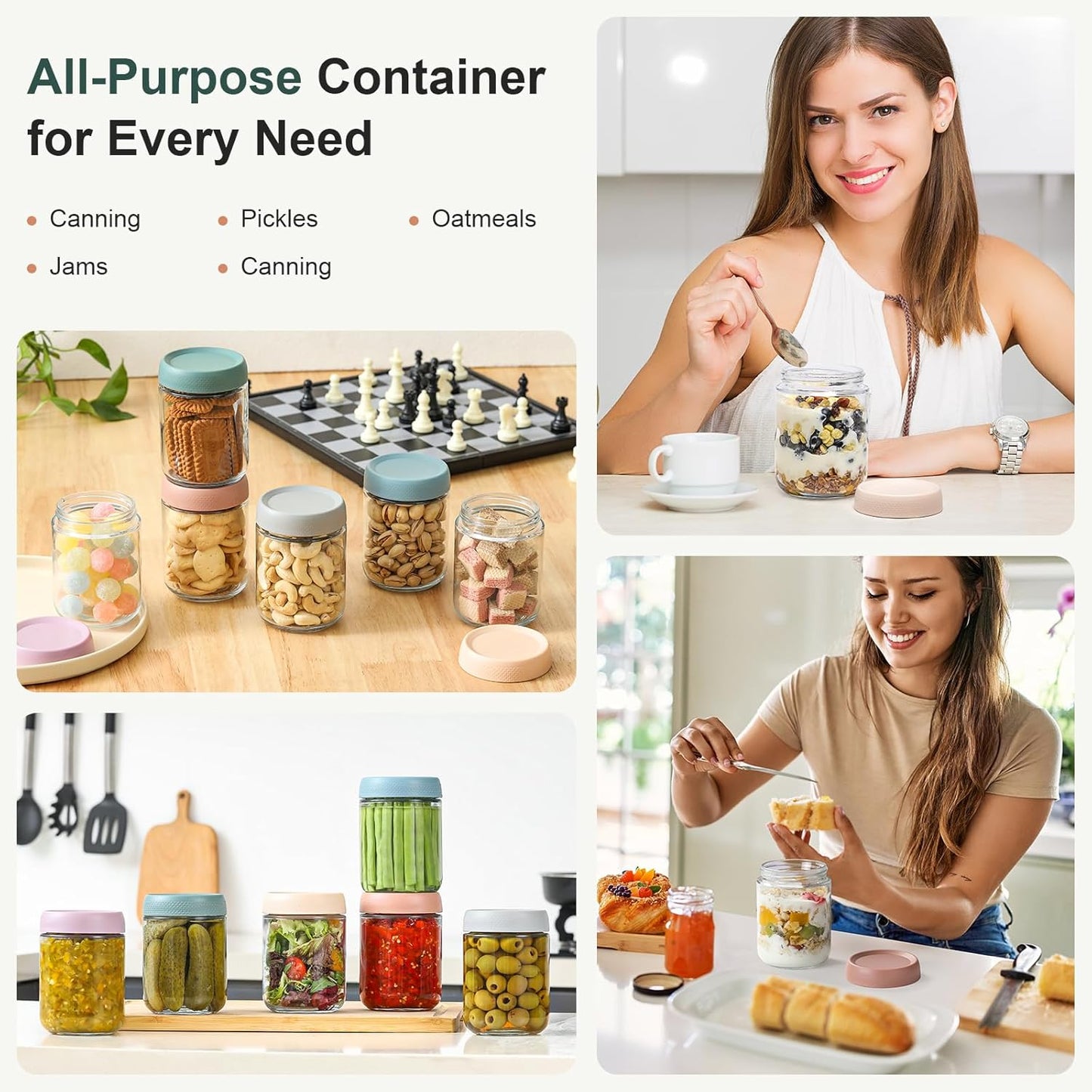 NETANY 6-pack 16 oz Overnight Oats Containers with Lids, Glass jars with Airtight Lids, Wide mouth Mason Salad jars, Glass Food Storage Containers for Snacks Yogurt Spice Sugar