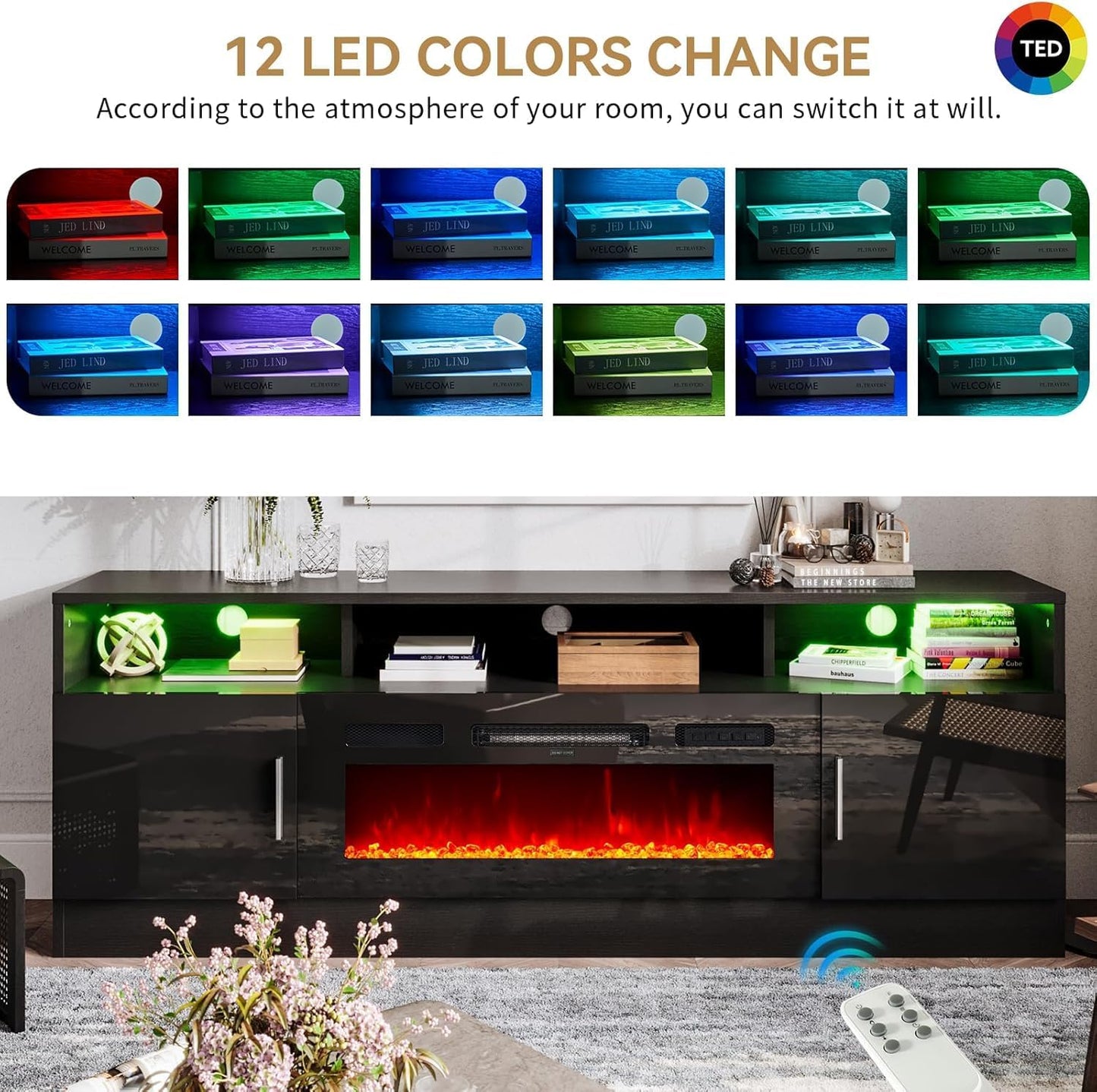 oneinmil 70" Fireplace TV Stand with Power Outlet for TVs Up to 80", Electric Fireplace Entertainment Center with LED Lights & Storage Cabinets, Media Console Table for Living Room, Black