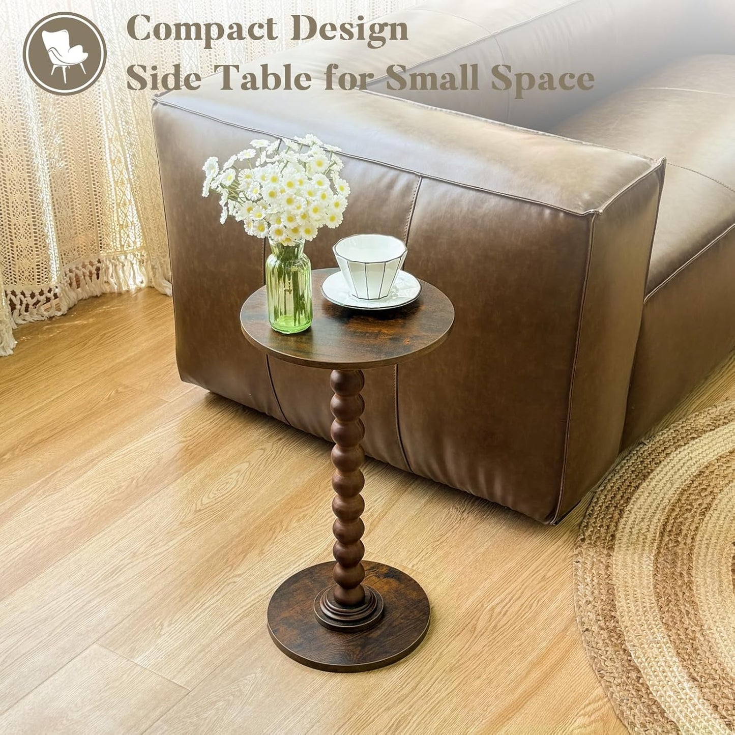 Round Side Table, Small Drink Table for Small Spaces, Modern Accent Nightstand with Solid Wood Leg for Living Room, Bedroom, Corners, and Office (Rustic Brown)