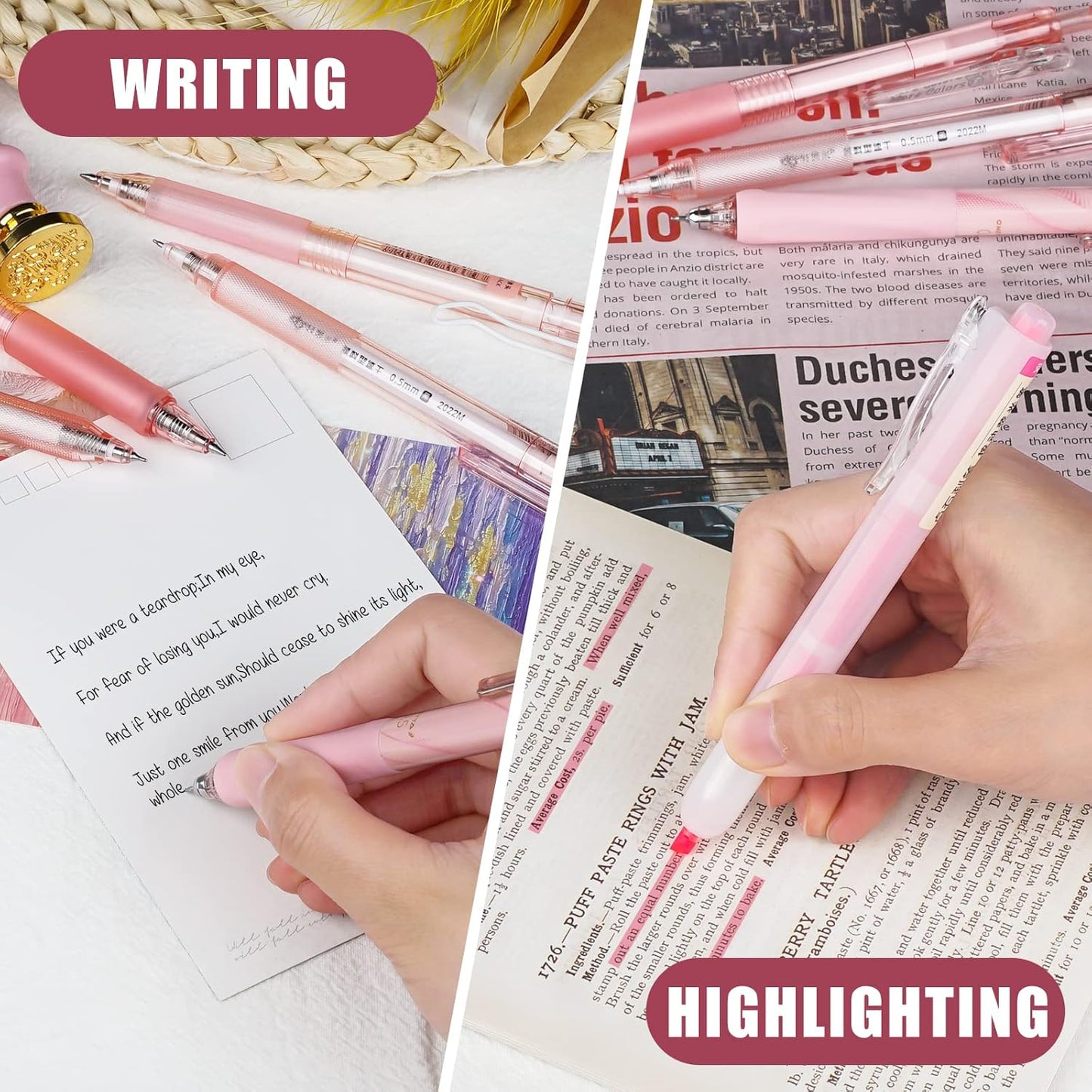 Four Candies Rose Series Gel Pens, Cute Writing Pens with Black & Pink Ink, 0.5 mm Smooth Fine Point, Back to School Office Supplies Girly Stationery Aesthetic Desk Accessories for Women, Set of 12