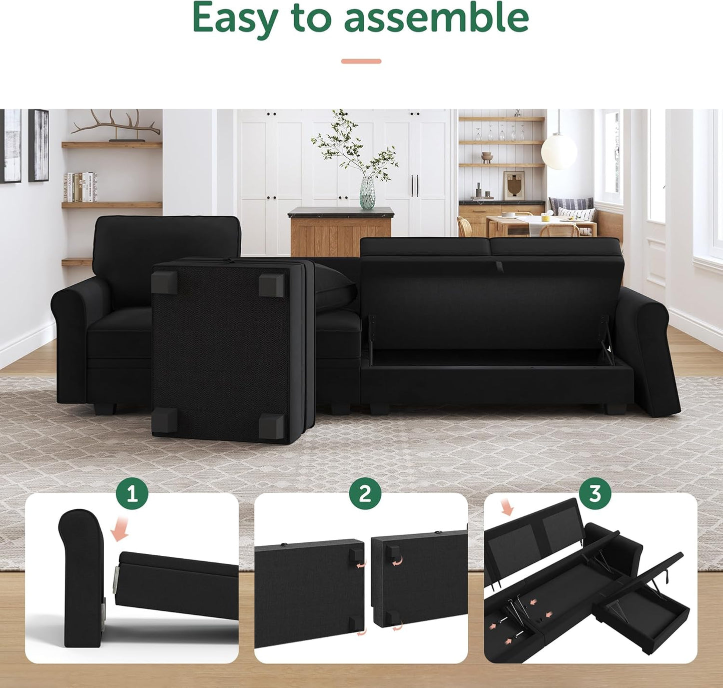 HONBAY Sectional Sofa with Storage Seat Velvet U Shaped Couch with Reversible Chaise Convertible Sectional Couches for Living Room,Black Velvet