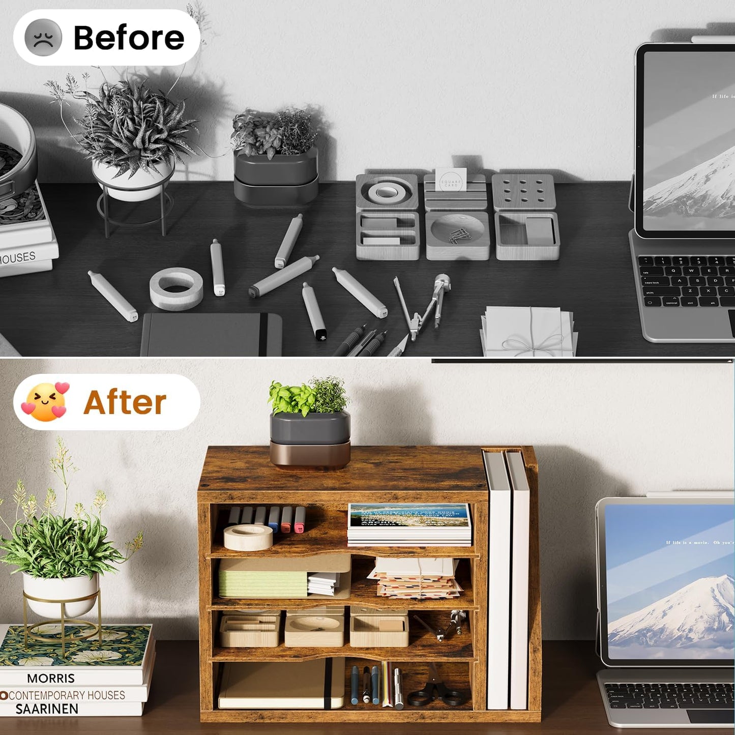 File Organizer Desktop, Wood Desk Organizer with 3 Adjustable Shelves, Mail Paper Sorter for Office, Home, File Holders for Envelopes, Mail Supplies or Magazines, Rustic Brown