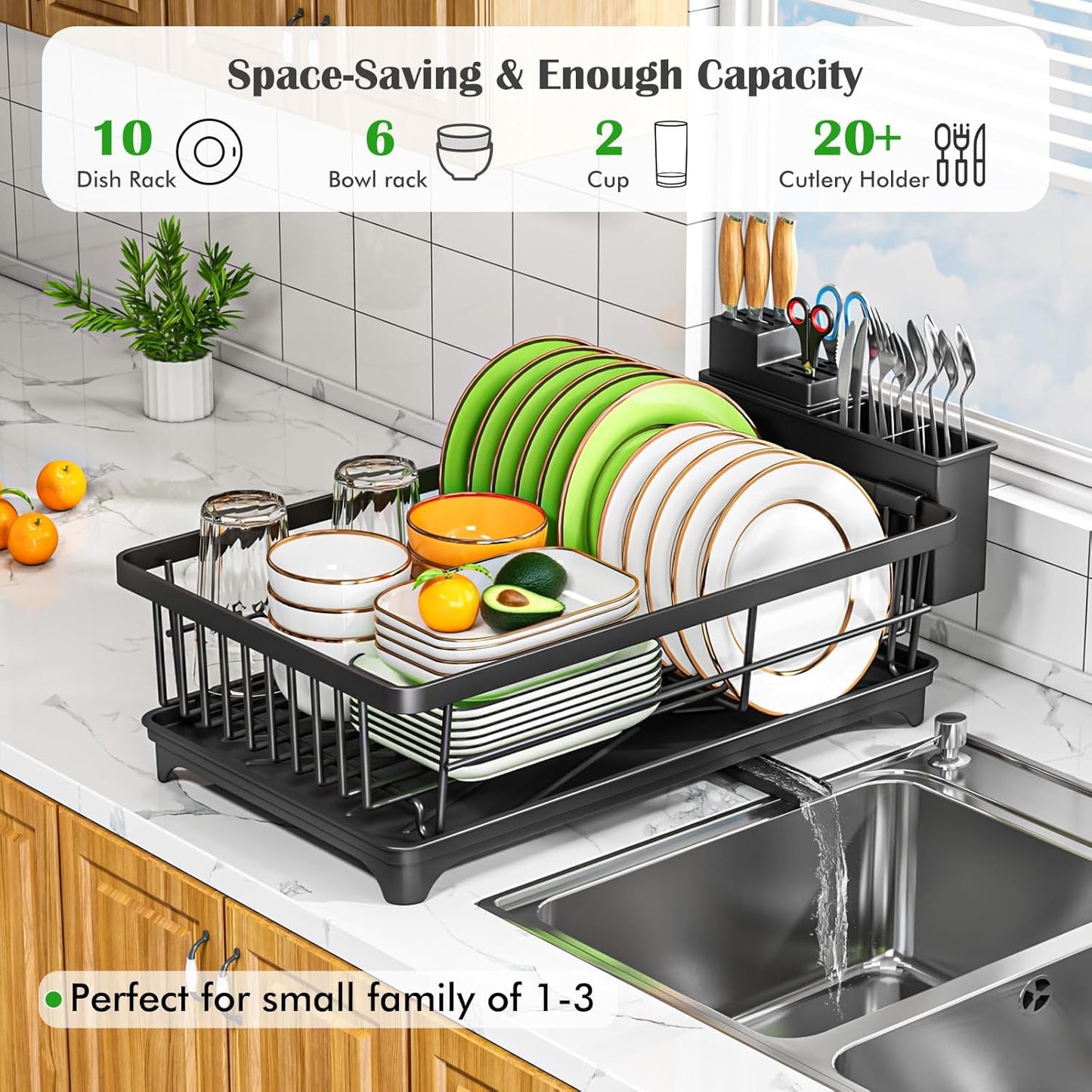 Dish Drying Rack - Space-Saving Small Dish Rack for Kitchen Counter, Rust-Resistant Kitchen Drying Rack, Compact Dish Drainer Organizer with Utensil Holder for Home Kitchen, Black
