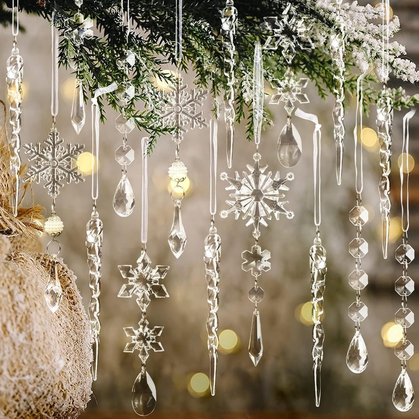 18PCS Crystal Christmas Ornaments – Clear Snowflake & Icicle Tree Decorations, Hanging Acrylic Ornaments for Xmas Tree, Winter Wedding, Holiday & New Year Party Décor