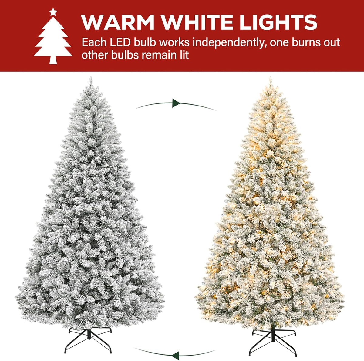 Hykolity 6 ft Prelit Snow Flocked Christmas Tree, Artificial Christmas Tree with 250 Warm White Lights, 1032 Tips, Metal Stand and Hinged Branches