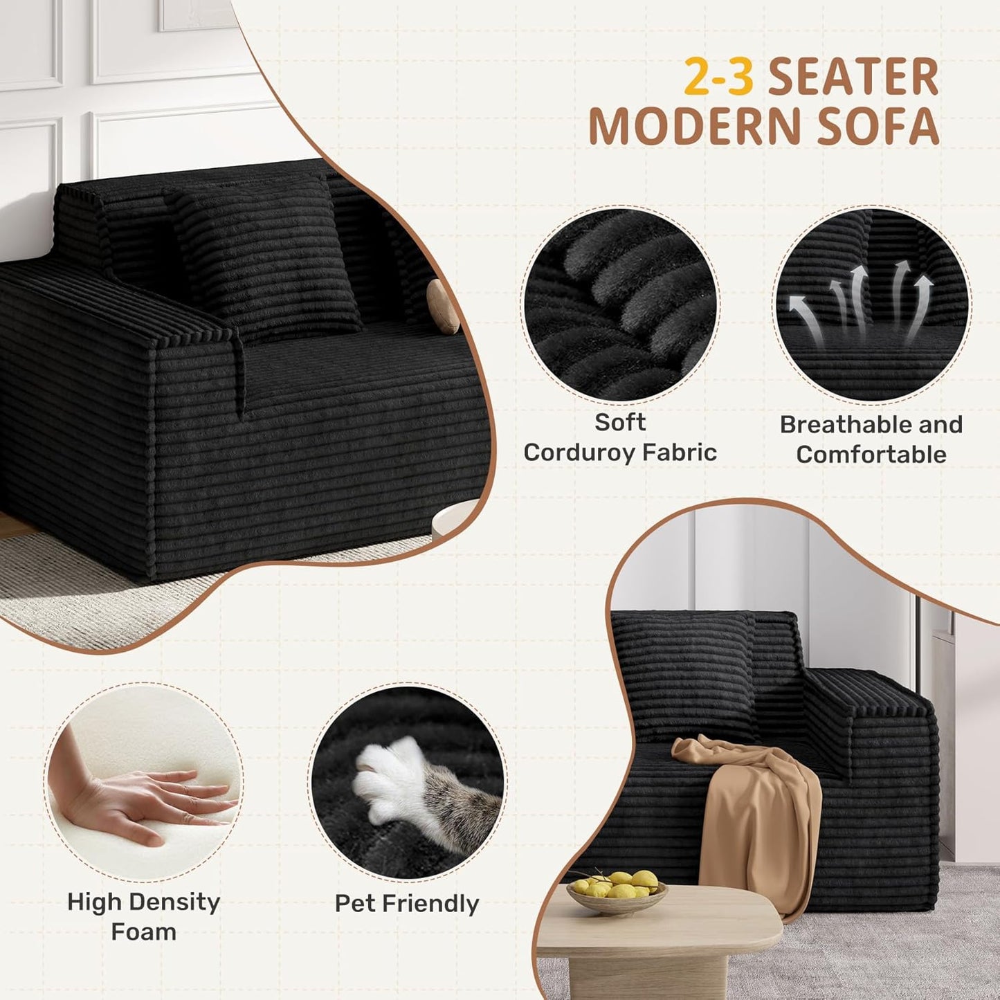 75'' Cloud Loveseat Sofa, No Assembly Required Comfy Deep Seat Couches 1 pcs for Living Room, Bedroom, Apartment