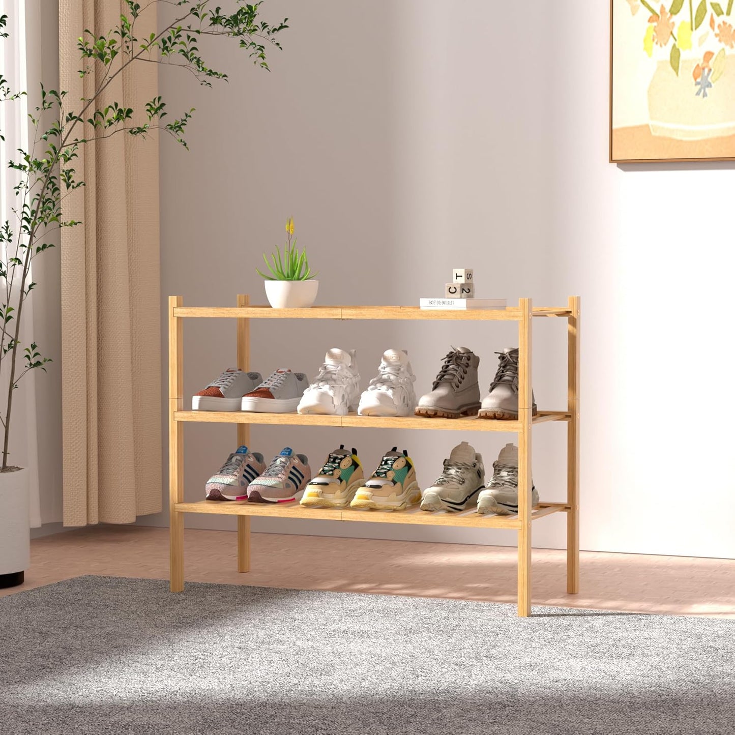 3-Tier Bamboo Shoe Rack Organizer for Entryway & Closet – Stackable Freestanding Shoe Shelf, Eco-Friendly