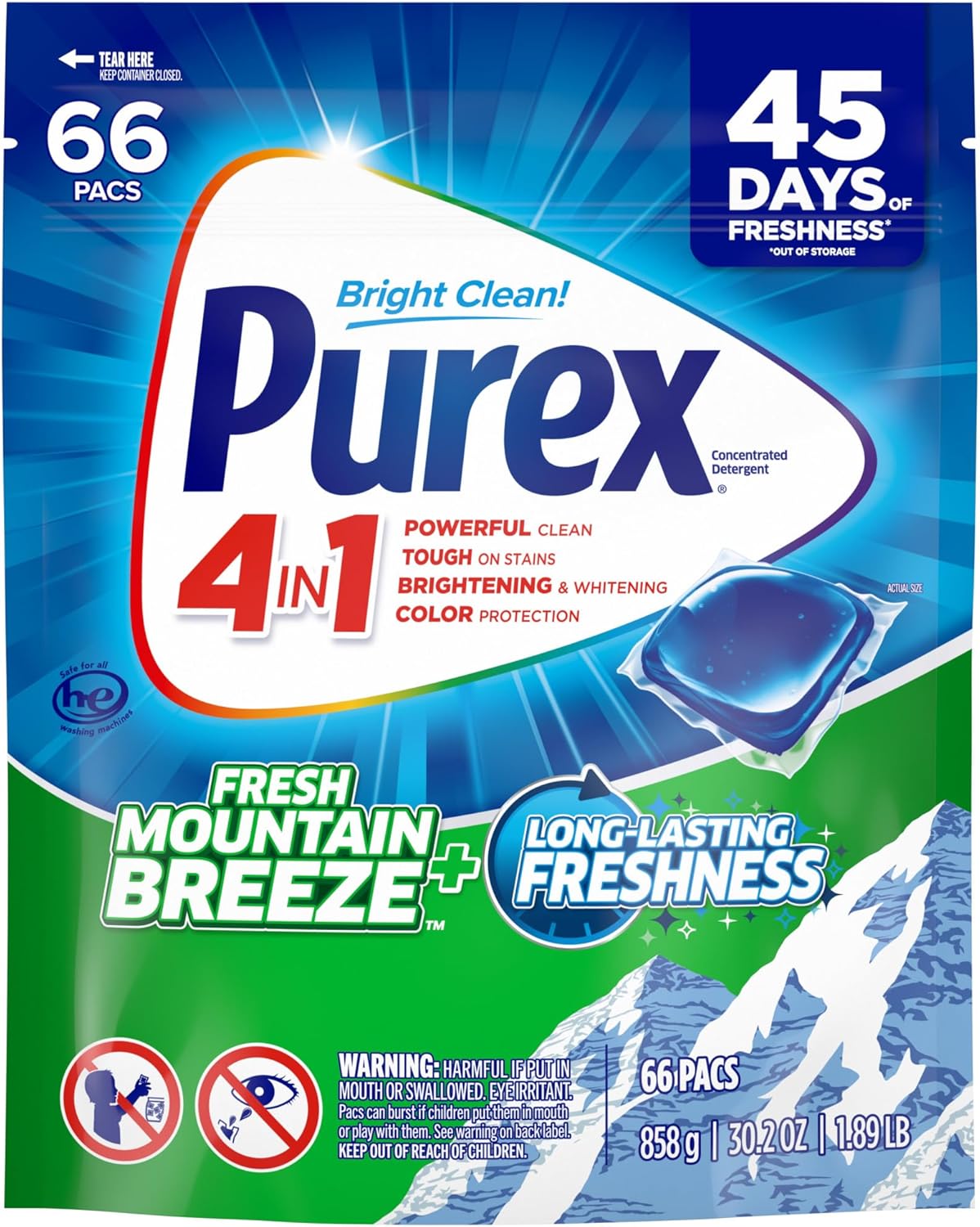Purex 4-in-1 Laundry Detergent Pacs, Fresh Mountain Breeze, 66 Count