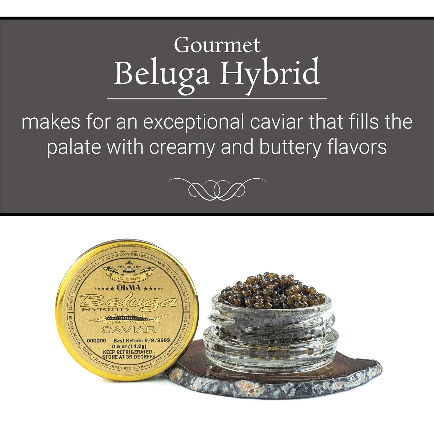 OVERNIGHT SHIPPING - OLMA Beluga Hybrid Black Caviar - Rated Top Caviar in the World - 0.5 oz / 14 g