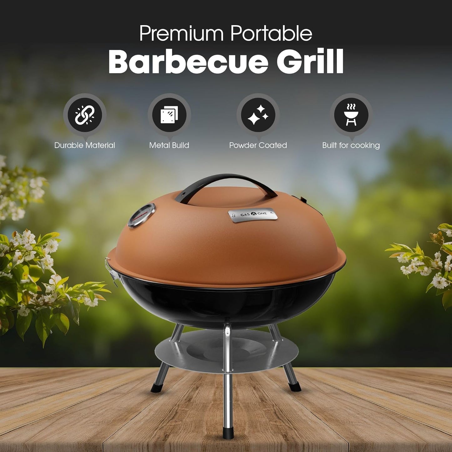 GasOne CG-14T – 14-inch Portable Barbecue Grill with 3-Point Locking Lid for Heat Preservation – Dual Venting System – Small Charcoal Grill for Backyard, Camping, Boat