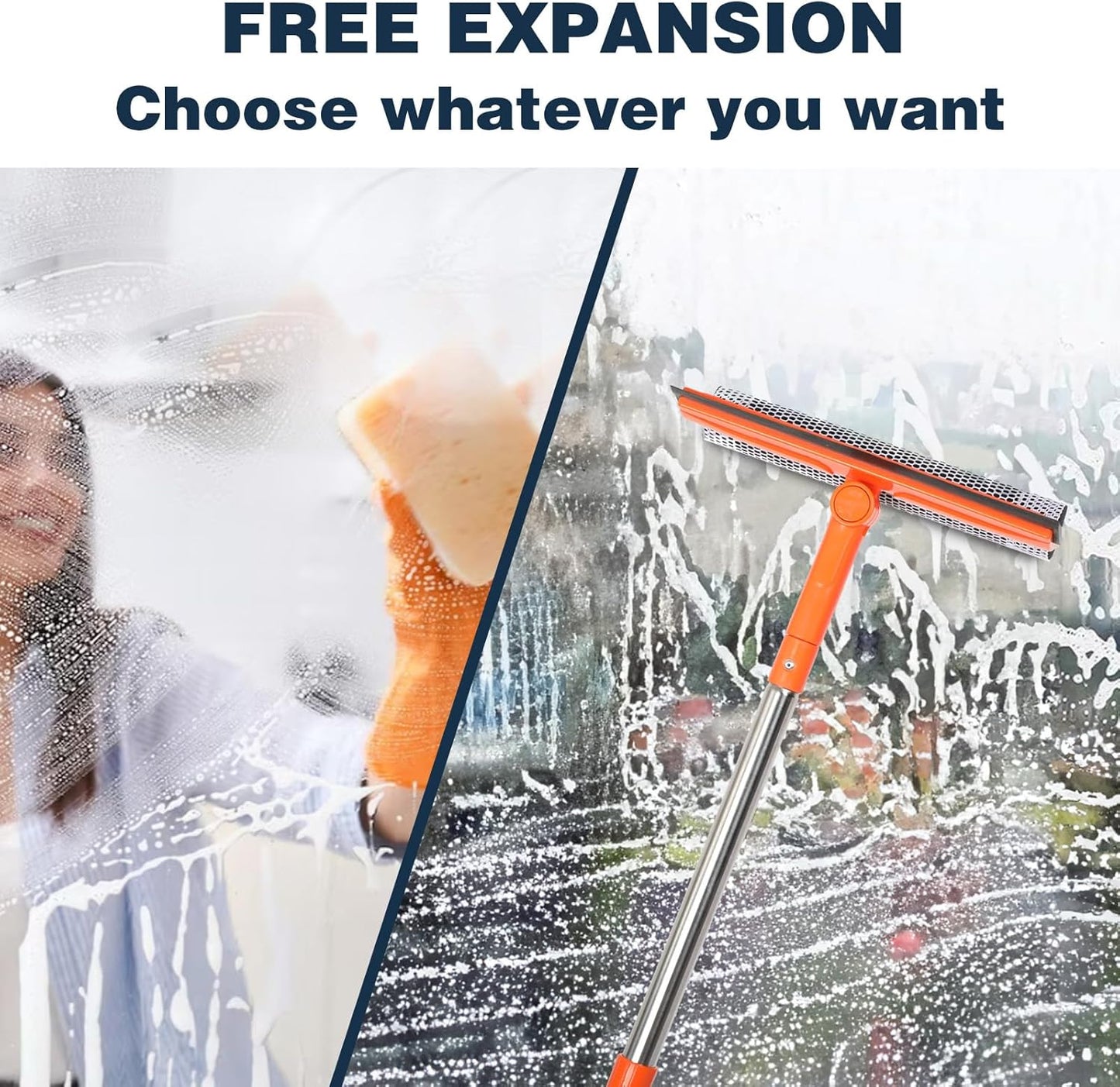 Professional Window Squeegee,2 in 1 Squeegee Window Cleaner with Long Stainless Steel Handle,Sponge Car Window Squeegee for Gas Station, Glass,Shower (Sponge Style)