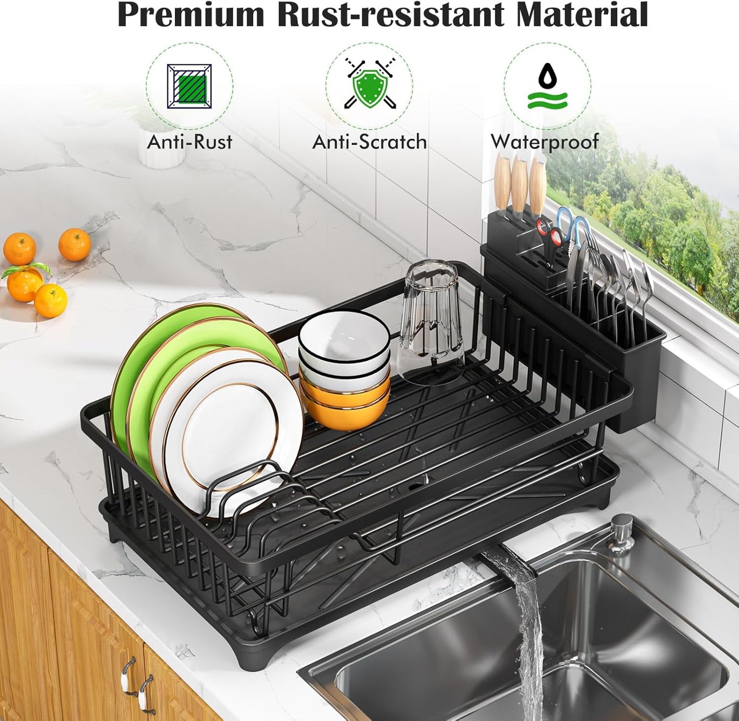 Dish Drying Rack - Space-Saving Small Dish Rack for Kitchen Counter, Rust-Resistant Kitchen Drying Rack, Compact Dish Drainer Organizer with Utensil Holder for Home Kitchen, Black