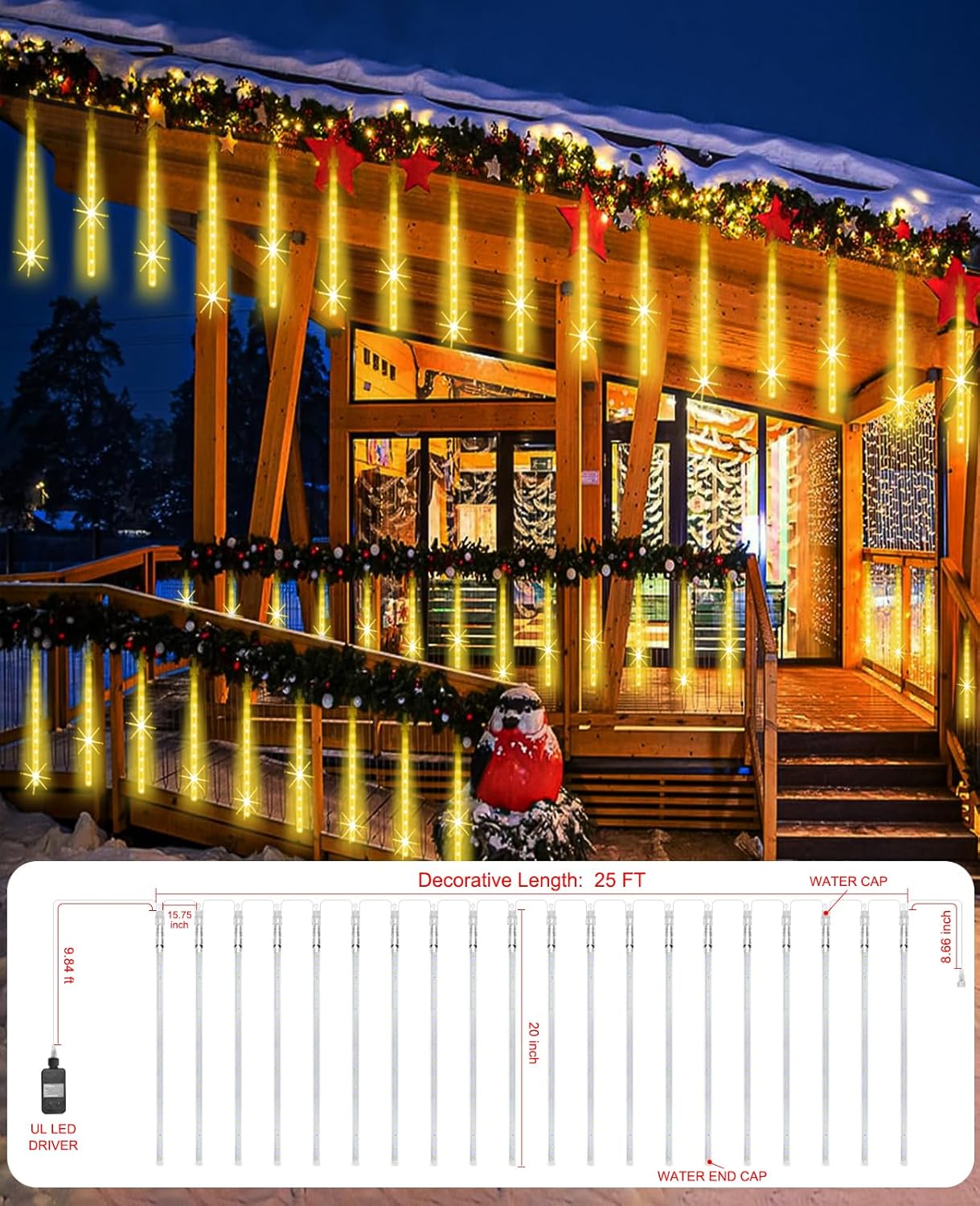 Meteor Shower Lights Outdoor Christmas Light UL Certified 20 Inch 20 Tubes 1080 LED Falling Rain Drop Lamp Snowfall Icicle Cascading String Lights for Xmas Holiday Tree Garden Decor, Warm White