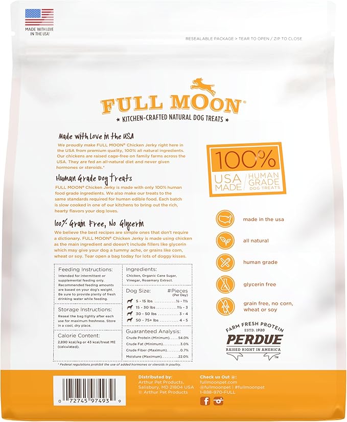 Full Moon Chicken Jerky Healthy All Natural Dog Treats Human Grade Made in USA Grain Free, 1.5 Pound (Pack of 1)