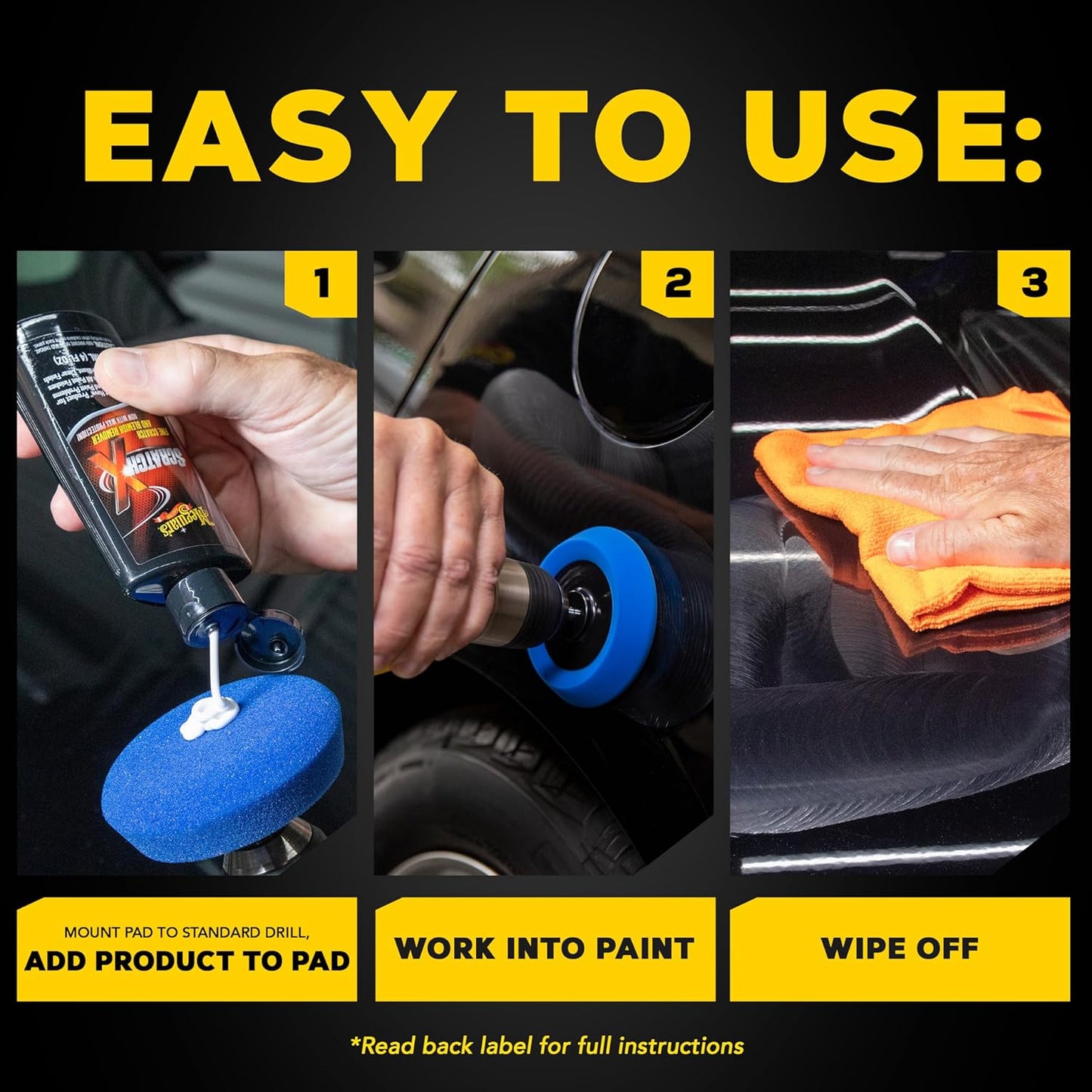 Meguiar’s Quik Scratch Eraser Kit, Car Scratch Remover for Fixing Surface Blemishes, Includes ScratchX, Drill-Mounted Pad, and Microfiber Towel, Great Car Gifts for Men and Women