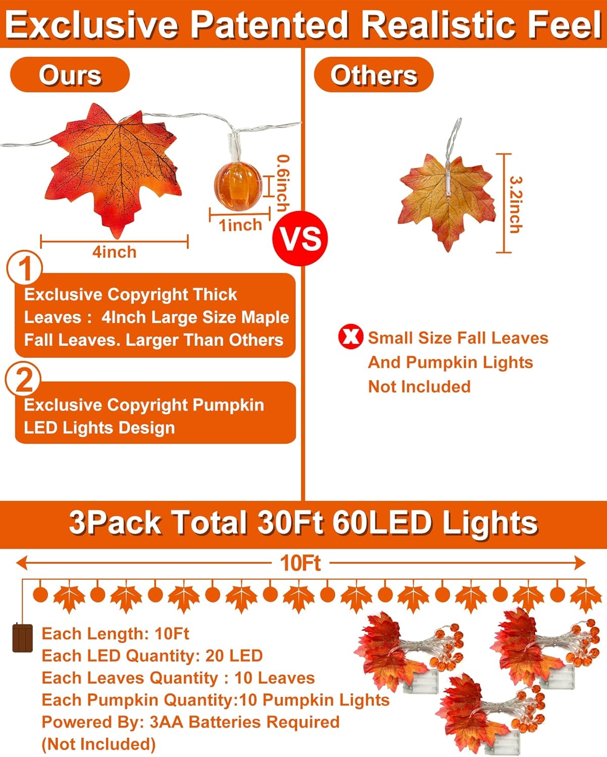 3 Pack Fall Garland with Pumpkin Lights & Enlarged Maple Fall Halloween String Lights Pumpkin Decor, 30Ft 60LED Waterproof Battery Operated Fall Decorations for Home Thanksgiving Decor Indoor Outdoor
