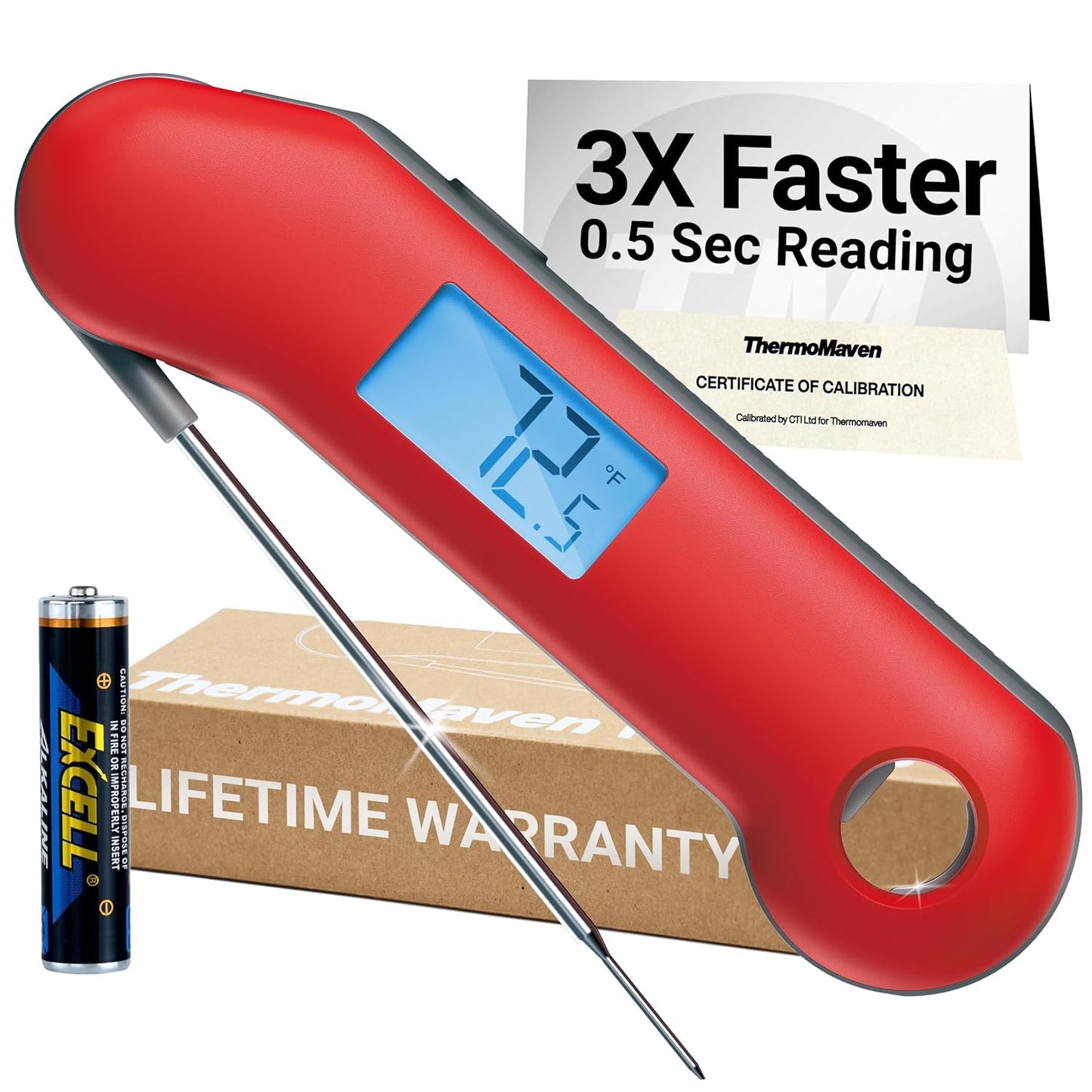 ThermoMaven ProfessionaI Meat Thermometer Digital, 3X Faster 0.5 Sec Instant Read, NIST Certified Accuracy ±0.5°F, 100% Waterproof Probe, Auto-Rotate Bright Indicator, for Candy/Grill/BBQ, Red & Gray